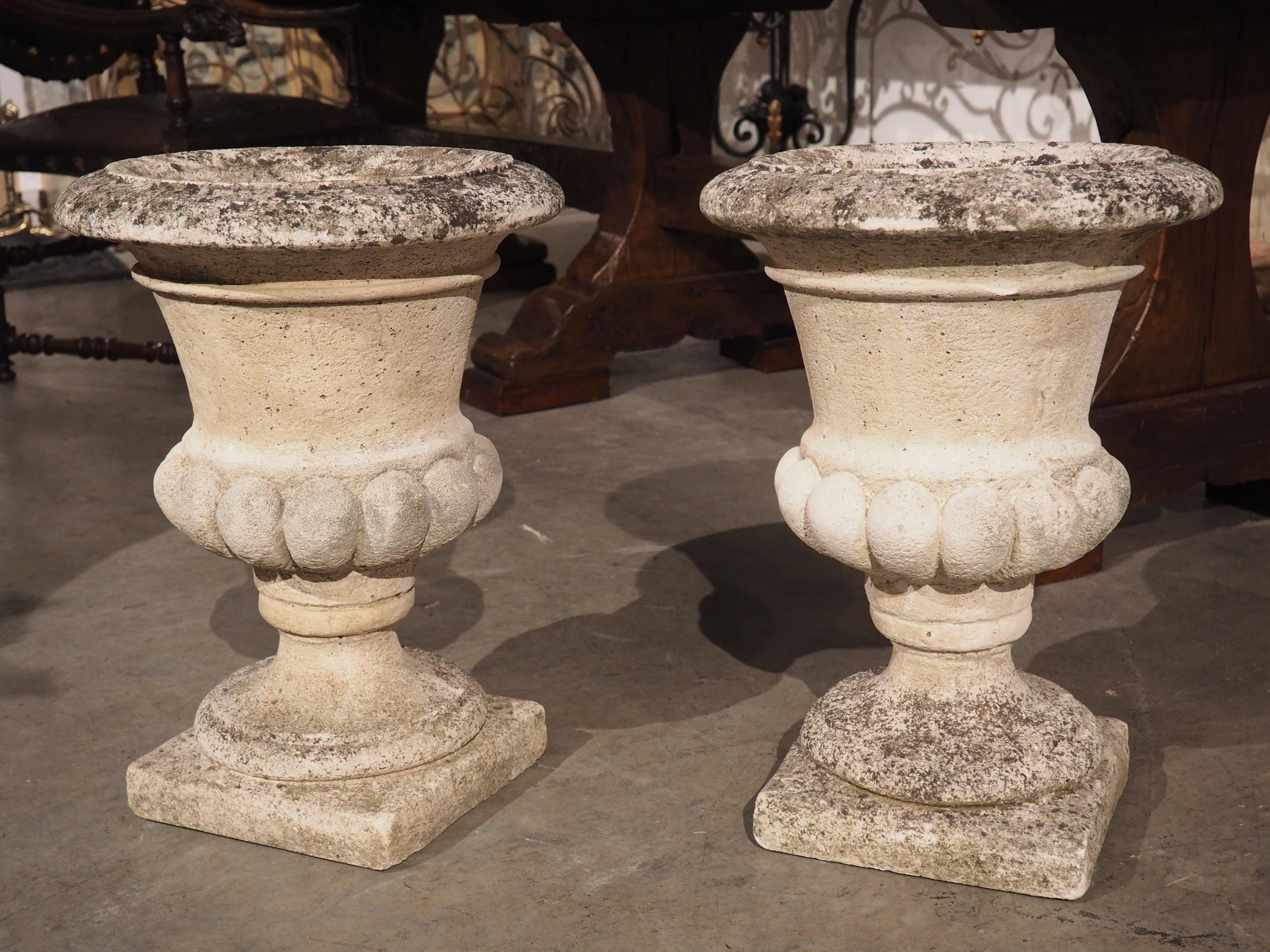 Cast Pair of Vintage French Lobed Garden Urns, 20th Century