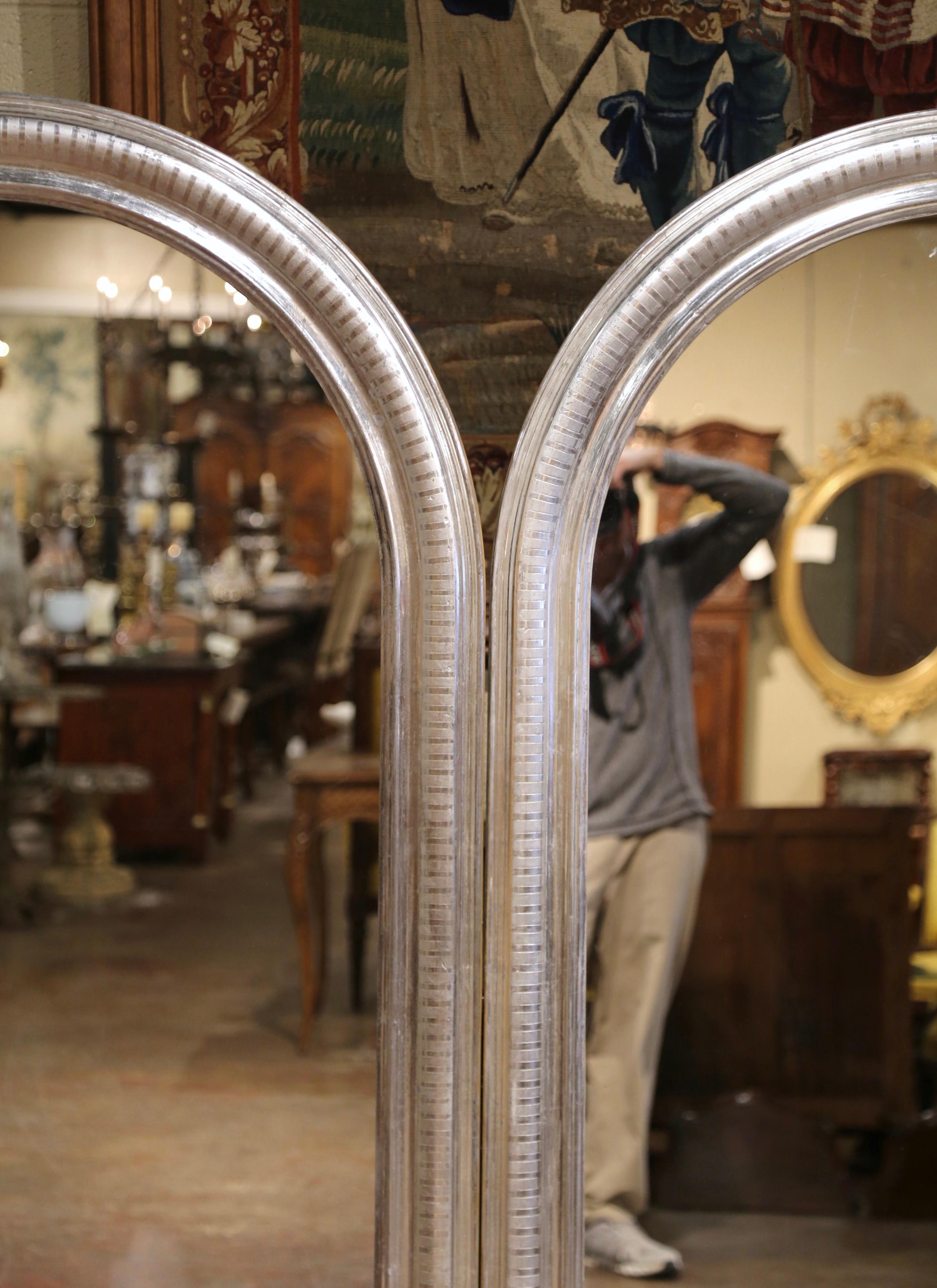  Pair of Vintage French Louis Philippe Silver Leaf Mirrors with Engraved Motifs In Excellent Condition For Sale In Dallas, TX