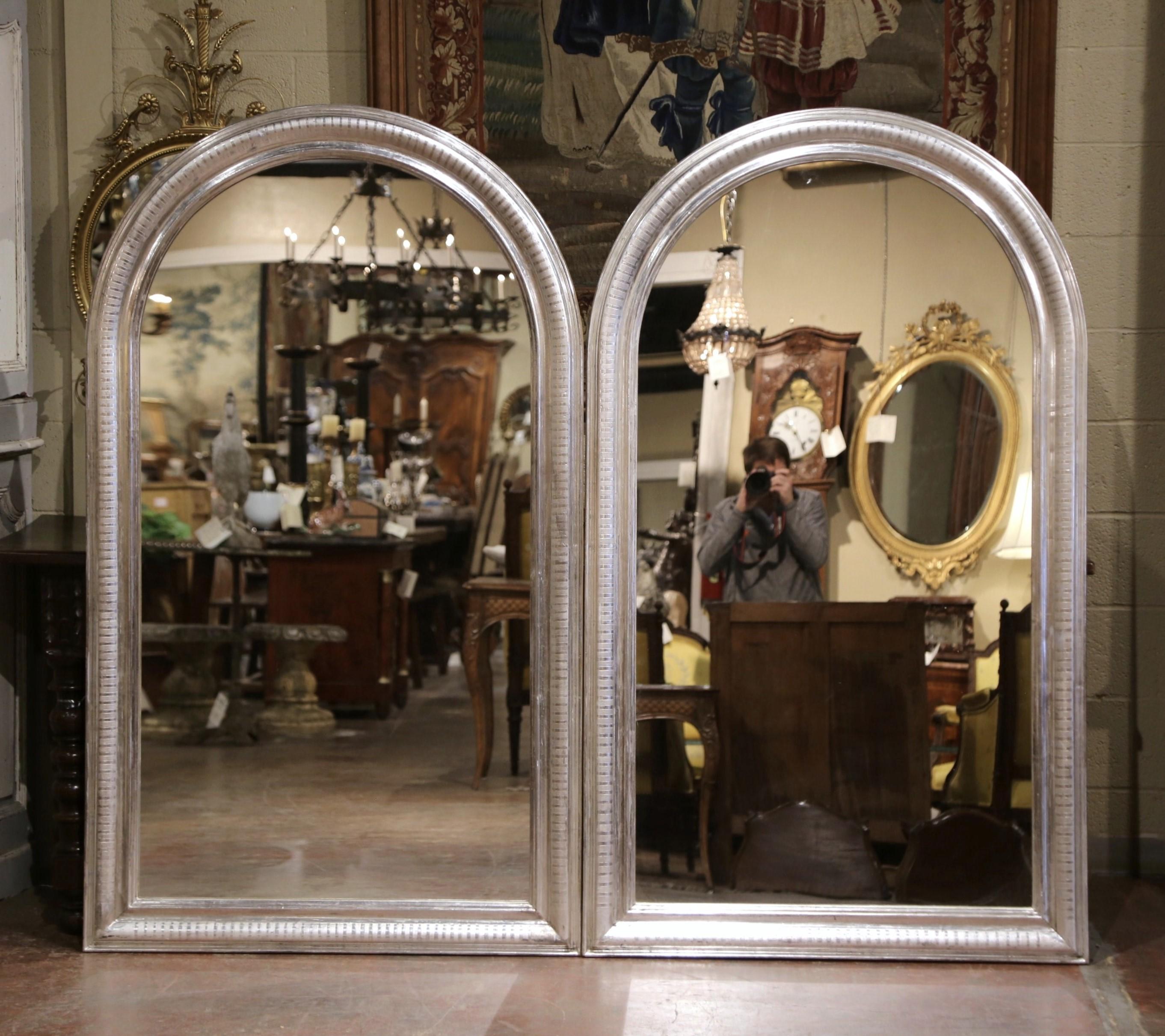  Pair of Vintage French Louis Philippe Silver Leaf Mirrors with Engraved Motifs For Sale 1