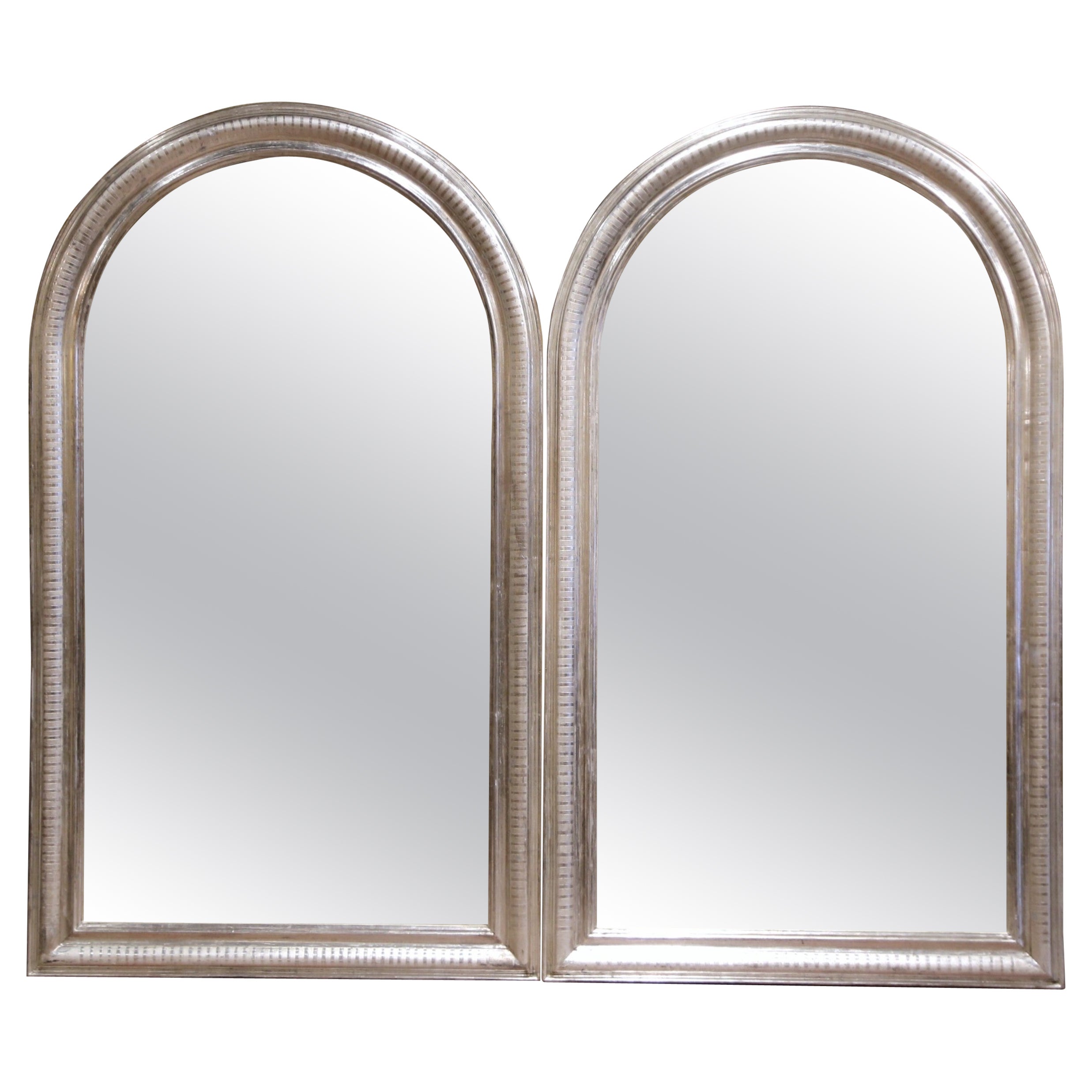 Pair of Vintage French Louis Philippe Silver Leaf Mirrors with Engraved Motifs