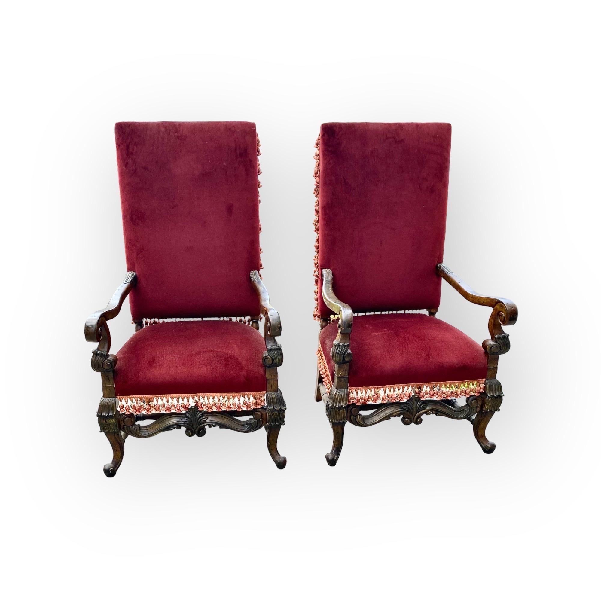 Velvet Pair of Vintage French Louis XIII Fauteuils, Armchairs For Sale