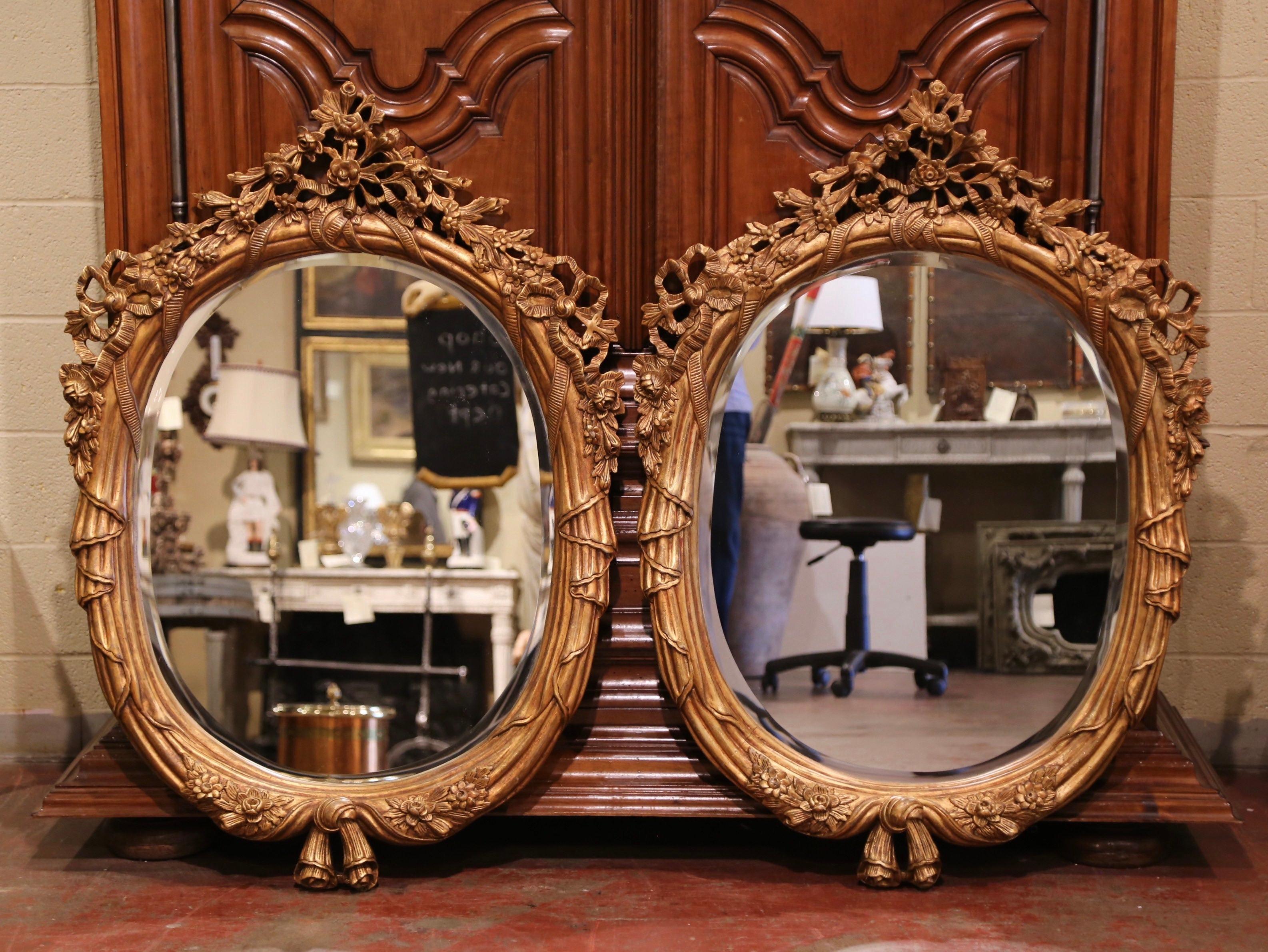 Contemporary Pair of Vintage French Louis XV Carved Giltwood and Beveled Oval Wall Mirrors