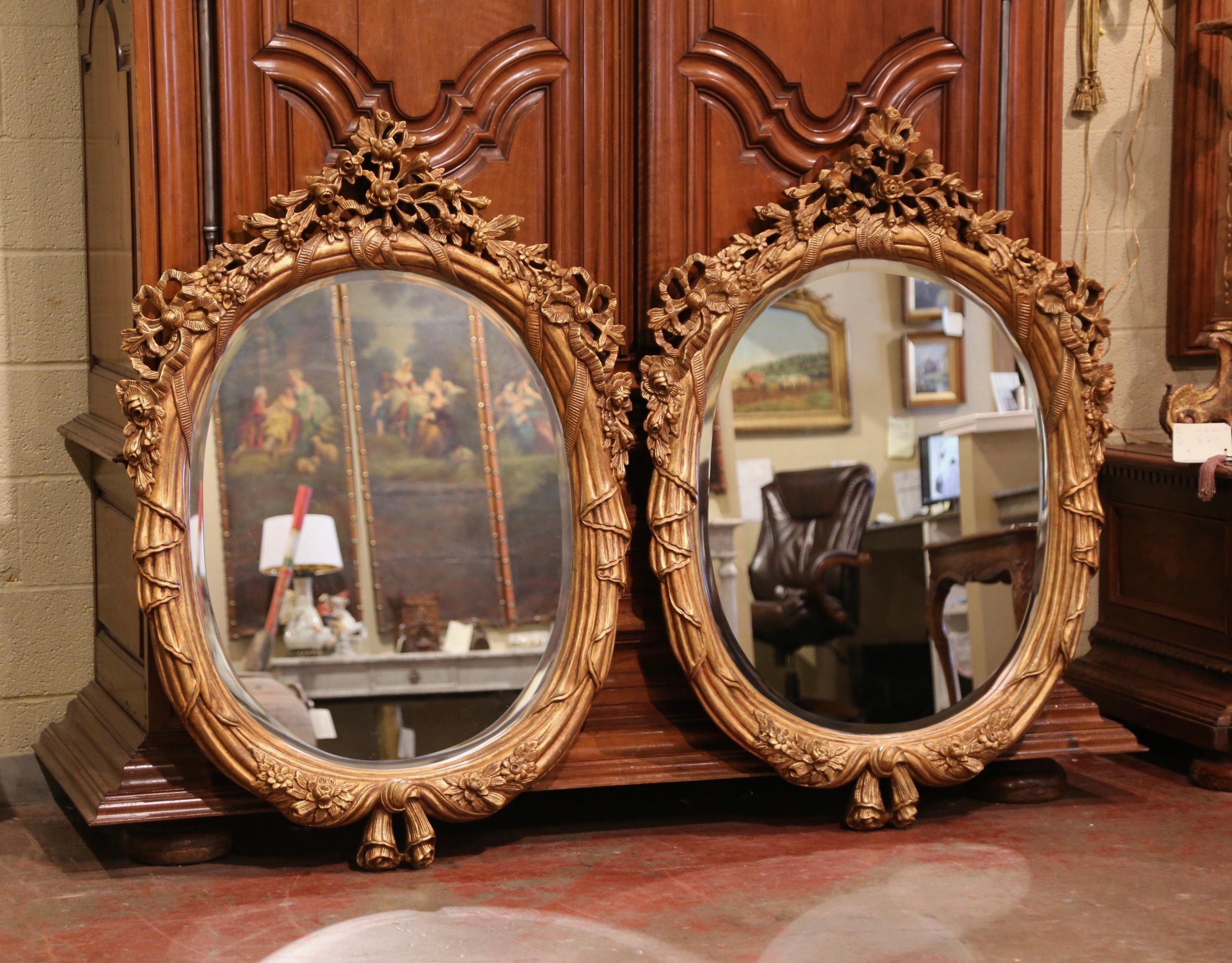 Pair of Vintage French Louis XV Carved Giltwood and Beveled Oval Wall Mirrors 3