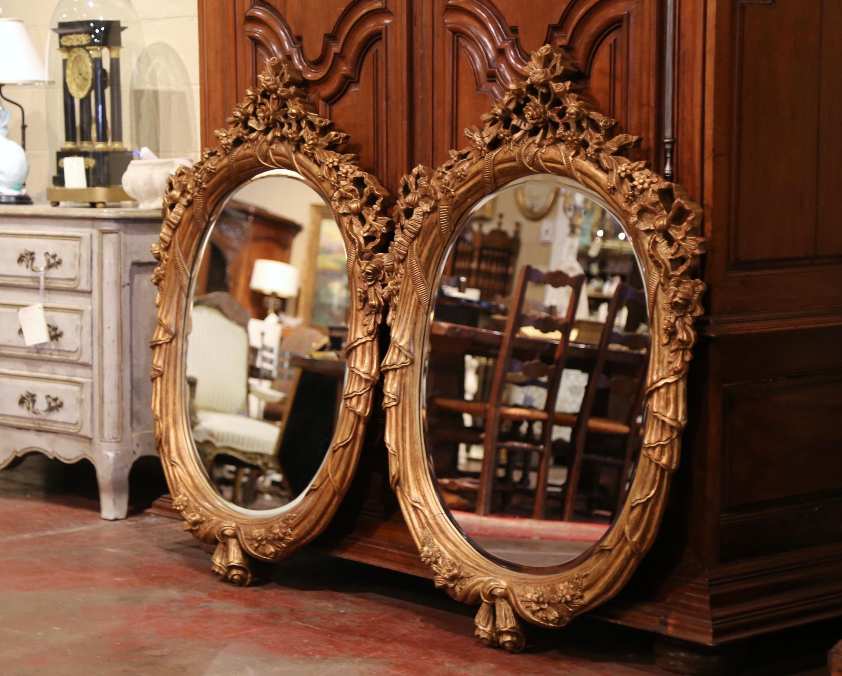 Pair of Vintage French Louis XV Carved Giltwood and Beveled Oval Wall Mirrors 4