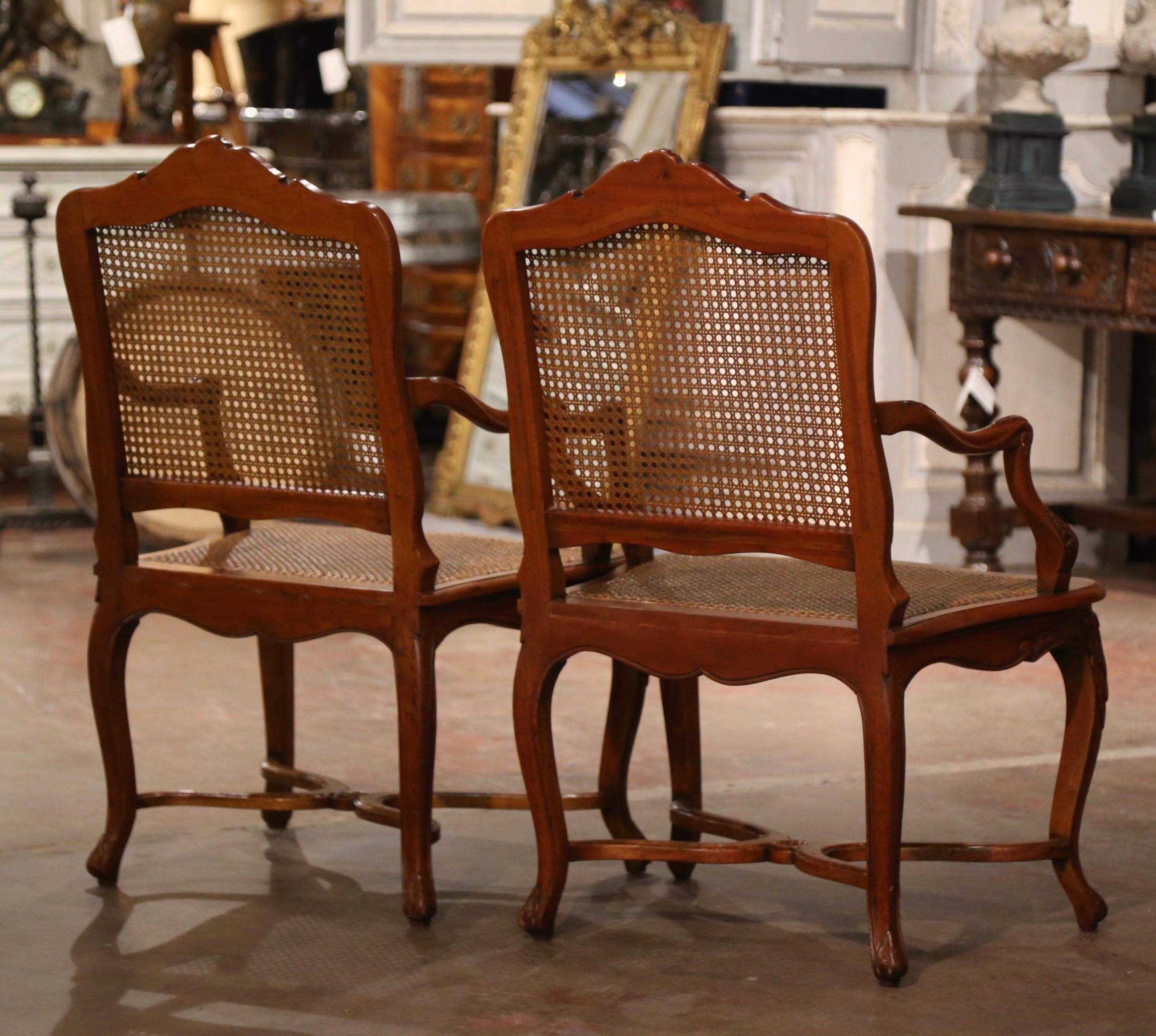 Pair of Vintage French Louis XV Carved Walnut and Cane Armchairs 6