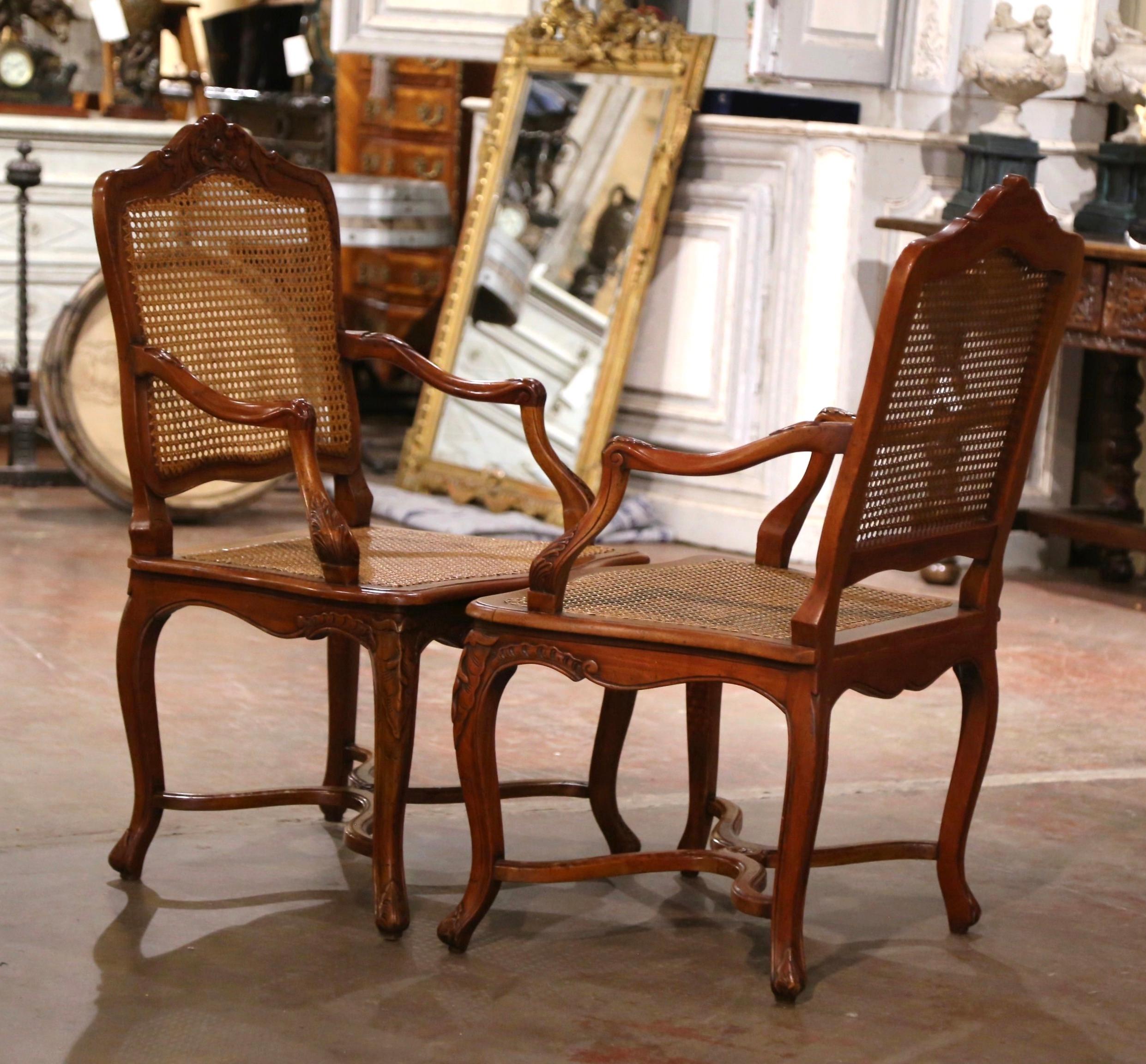 Hand-Carved Pair of Vintage French Louis XV Carved Walnut and Cane Armchairs