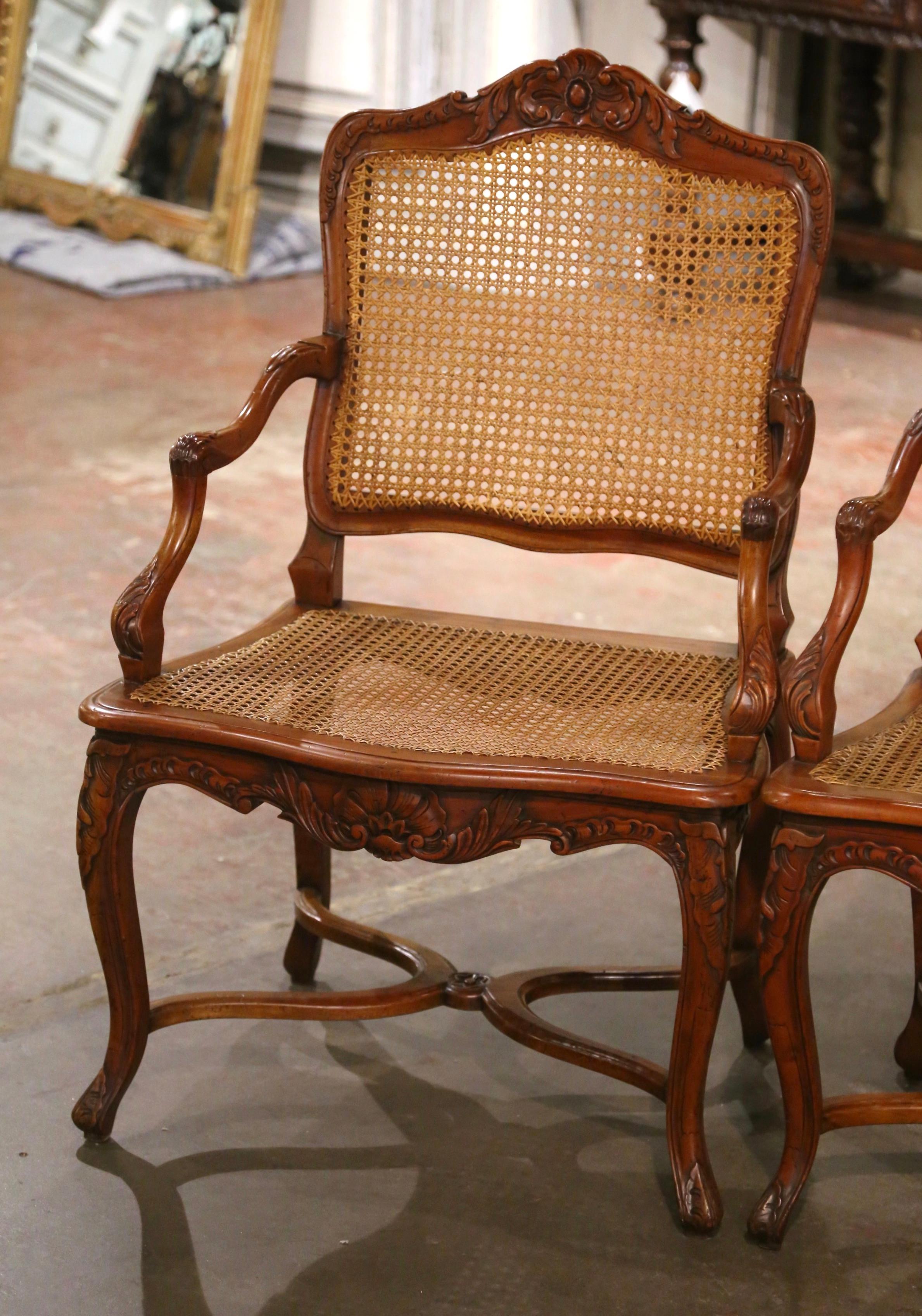 Pair of Vintage French Louis XV Carved Walnut and Cane Armchairs In Excellent Condition In Dallas, TX