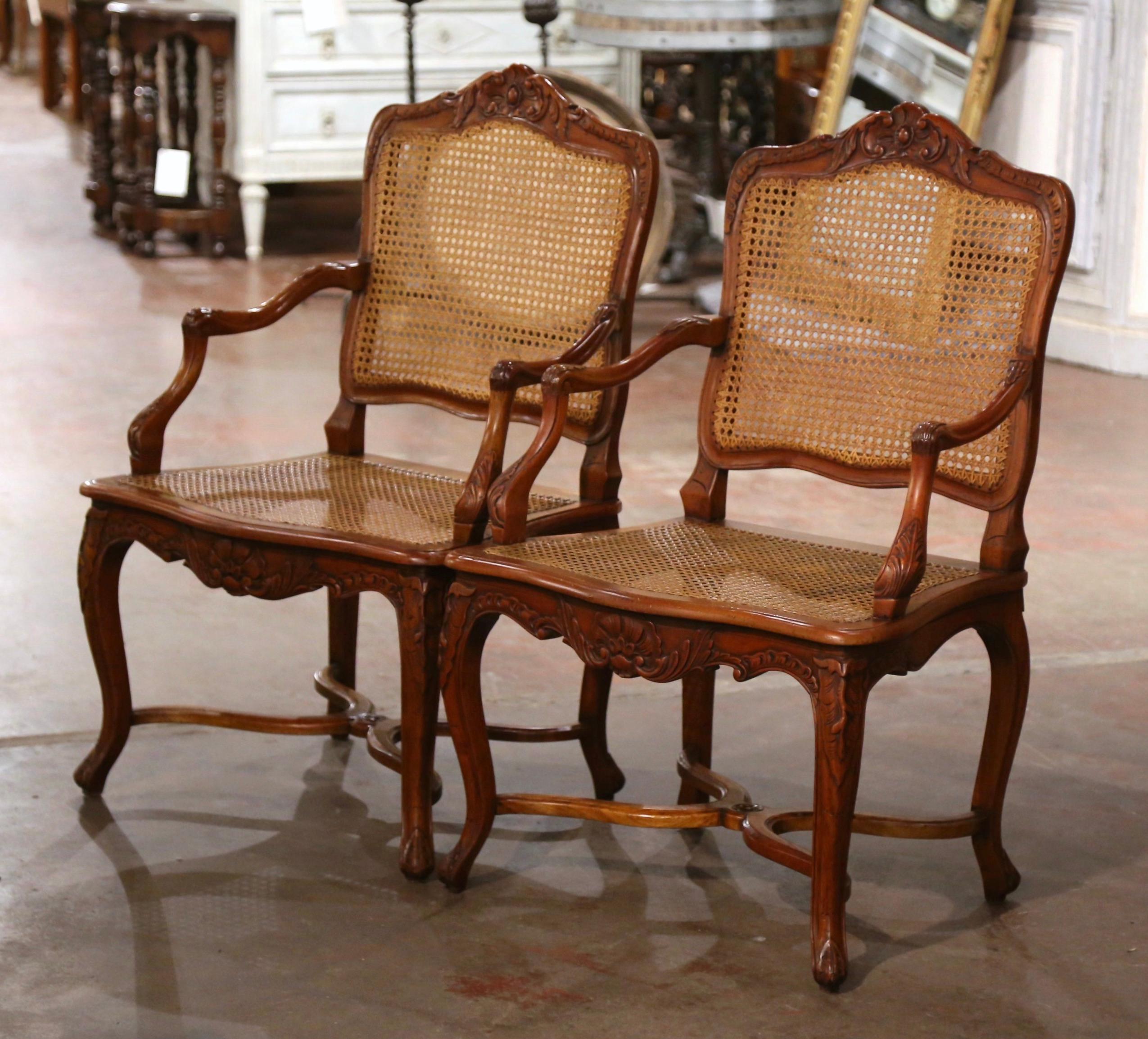 20th Century Pair of Vintage French Louis XV Carved Walnut and Cane Armchairs