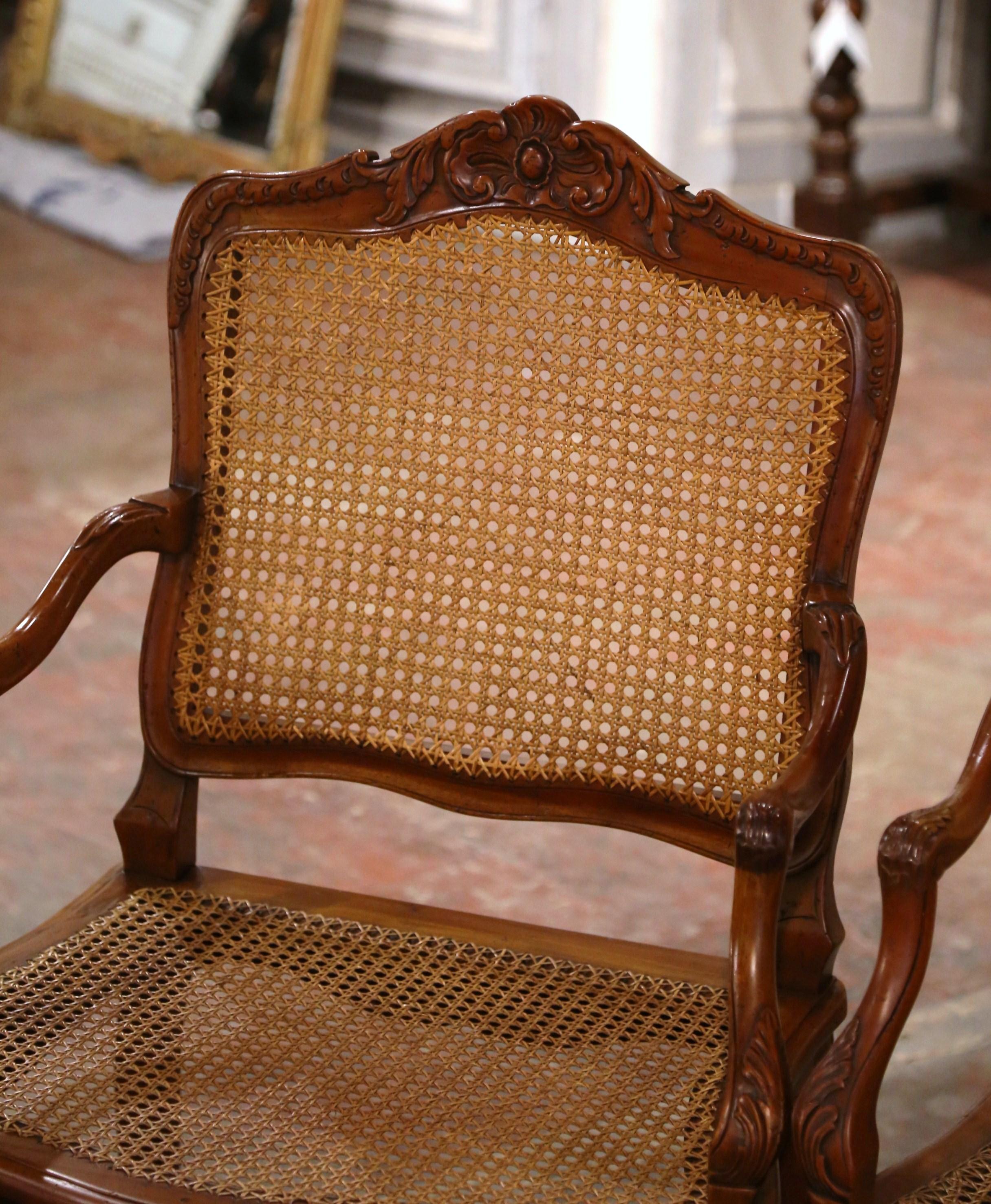 Pair of Vintage French Louis XV Carved Walnut and Cane Armchairs 1