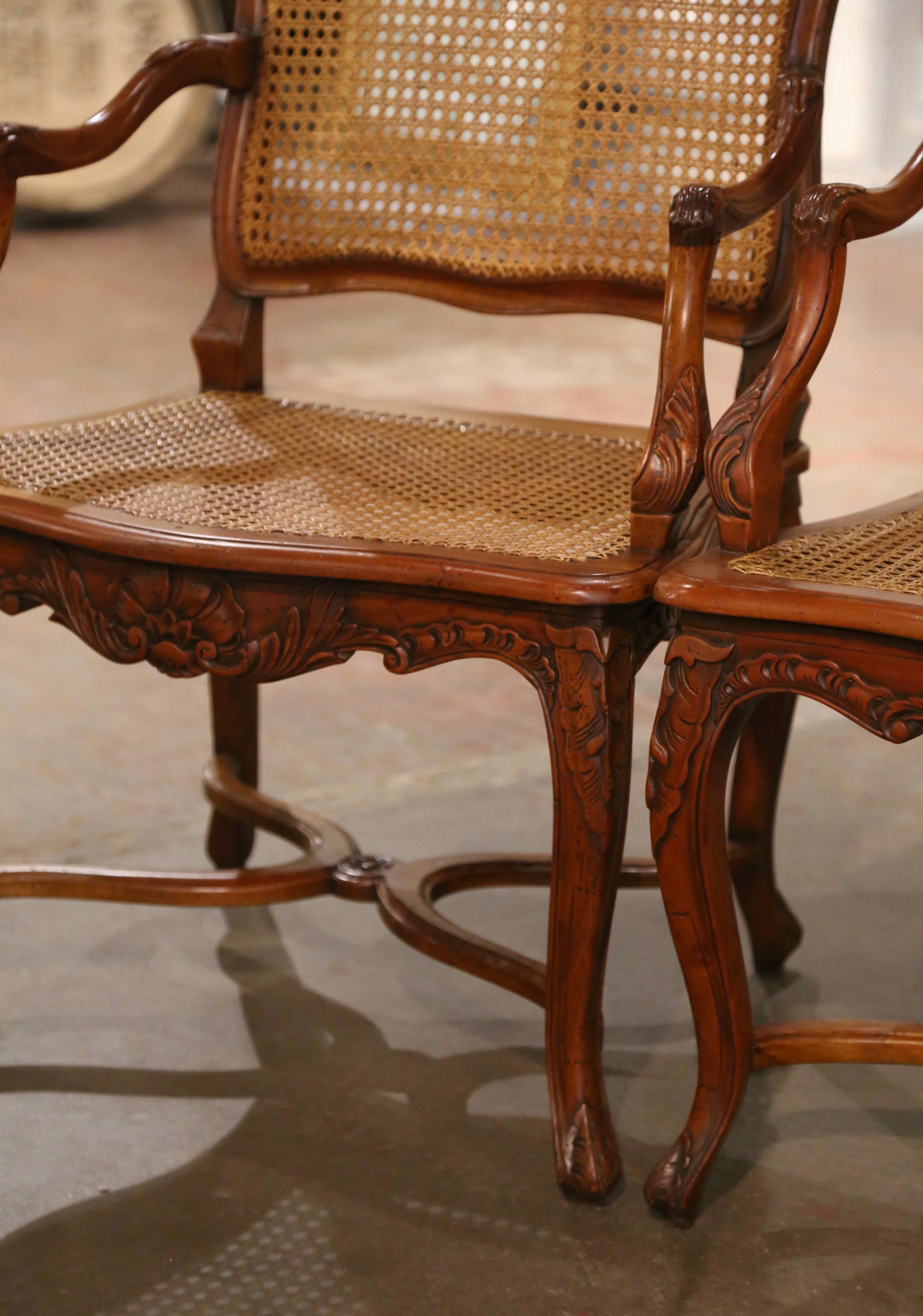 Pair of Vintage French Louis XV Carved Walnut and Cane Armchairs 3
