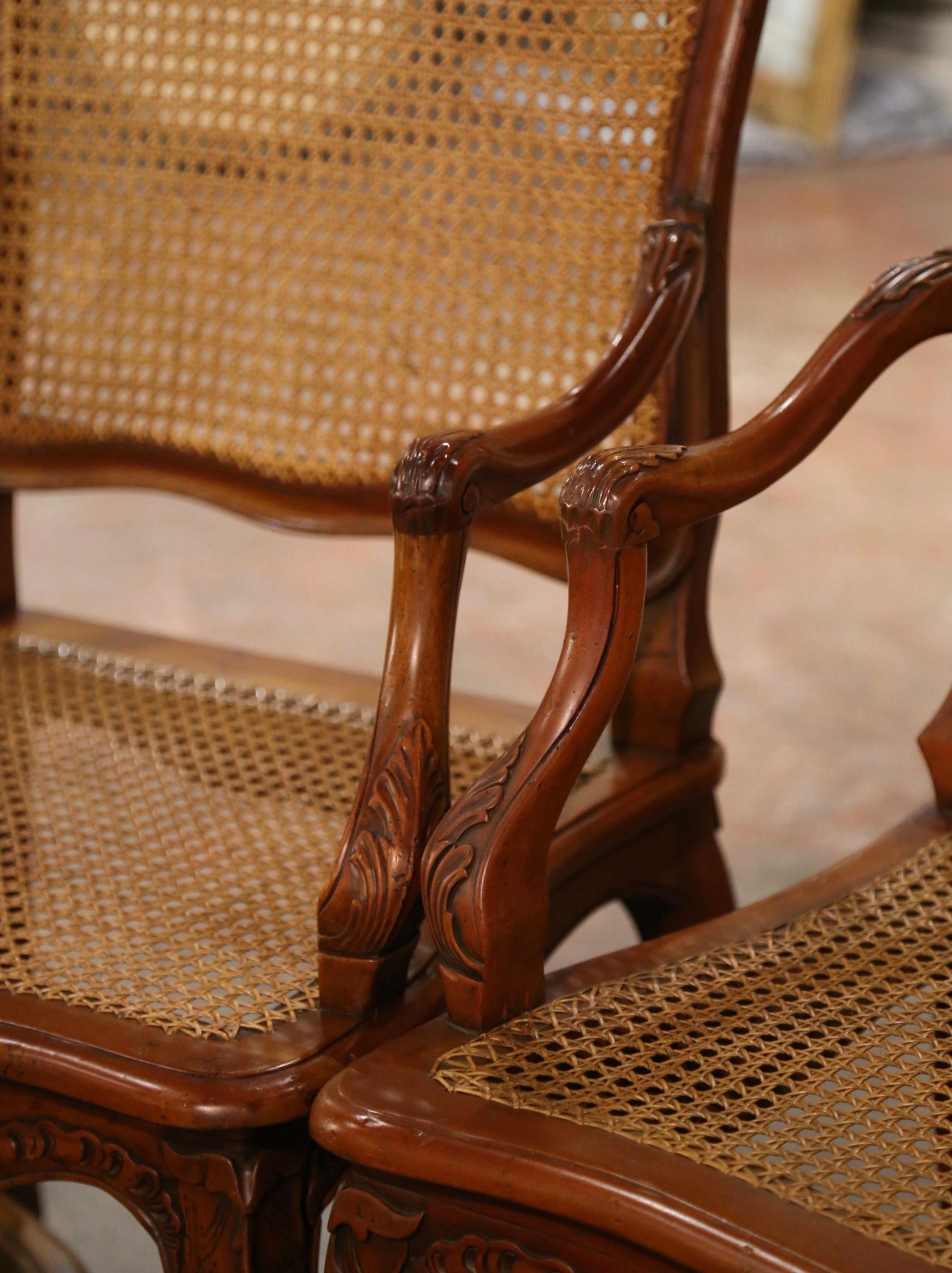 Pair of Vintage French Louis XV Carved Walnut and Cane Armchairs 4
