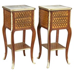 Pair of Antique French Louis XV Marquetry and Bronze Nightstands with Marble Top