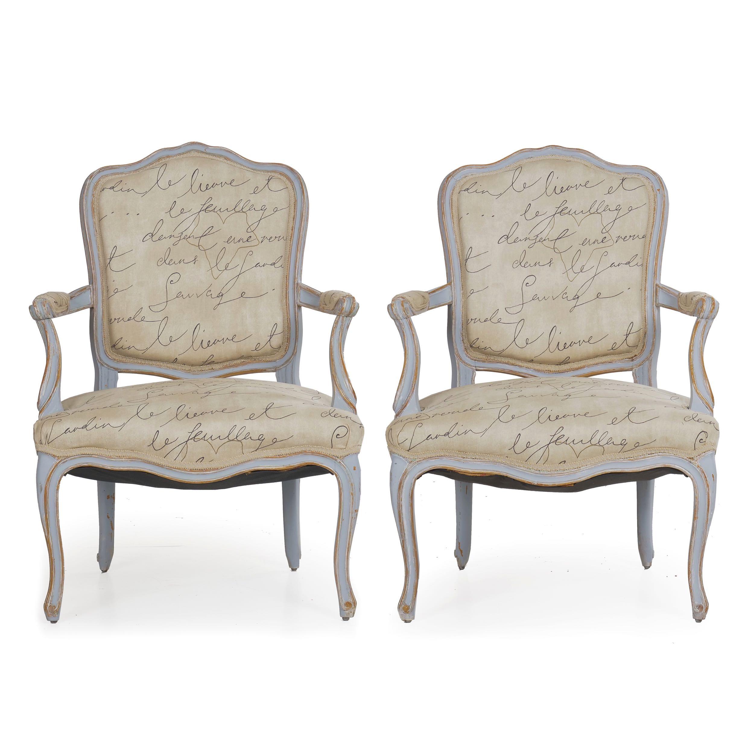 Vintage pair of French armchairs,
circa 20th century
Item # 007FXJ30L  

An attractive pair of 20th century fauteuils styled in the Louis XV taste, they have a bright blue painted finish with natural and faux distressing throughout the frames.