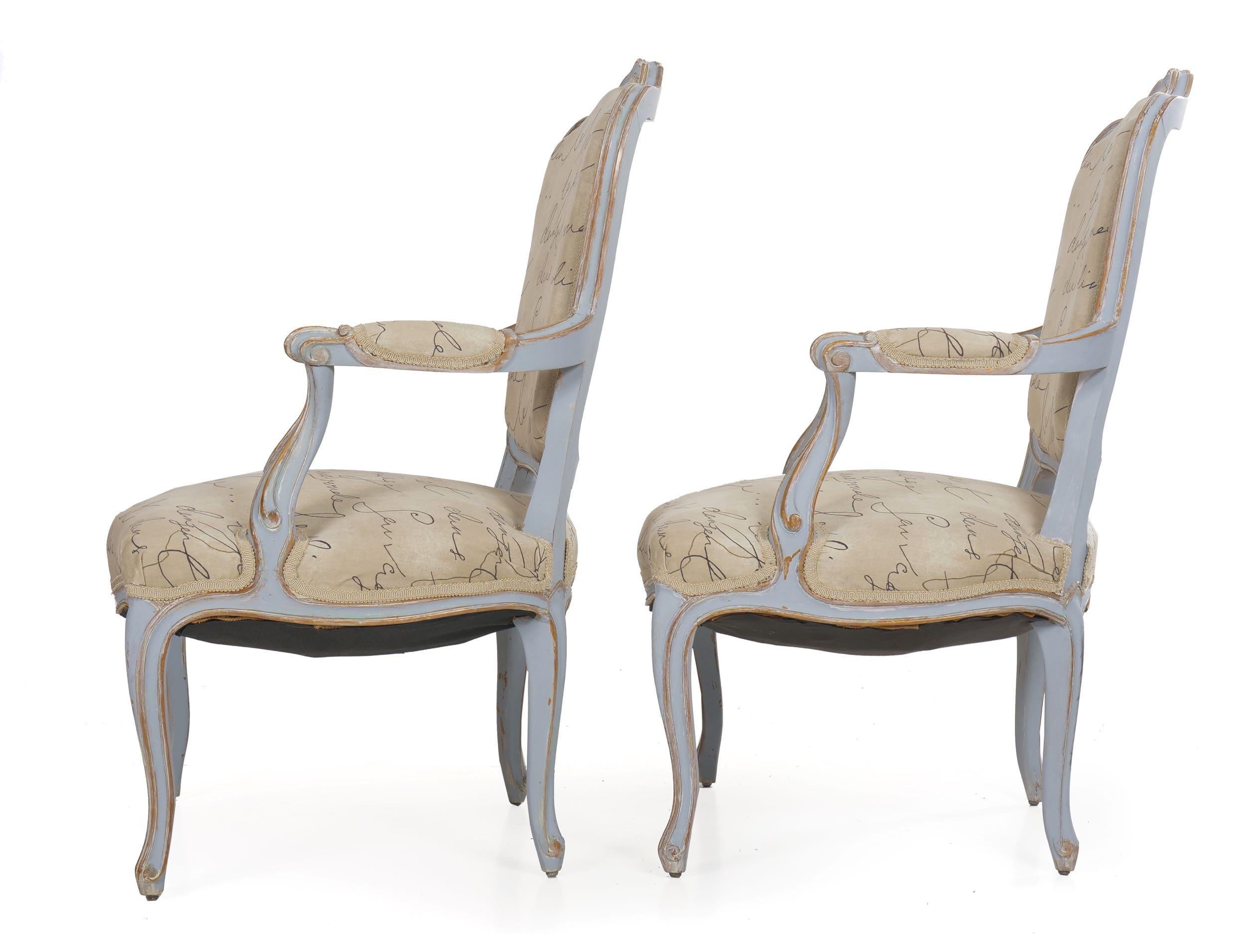 Pair of Vintage French Louis XV Style Armchairs in Blue Paint In Good Condition In Shippensburg, PA