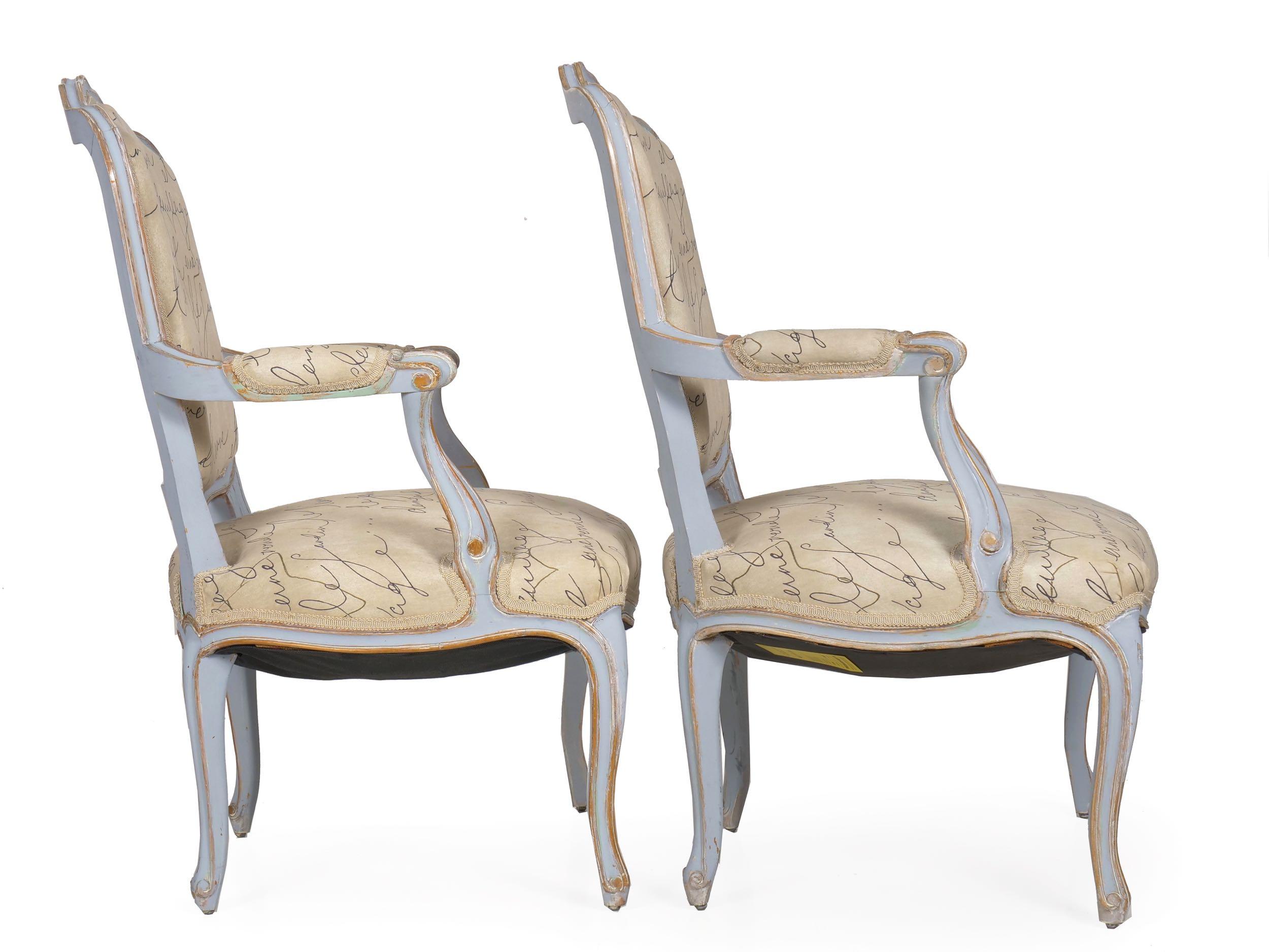 Wood Pair of Vintage French Louis XV Style Armchairs in Blue Paint