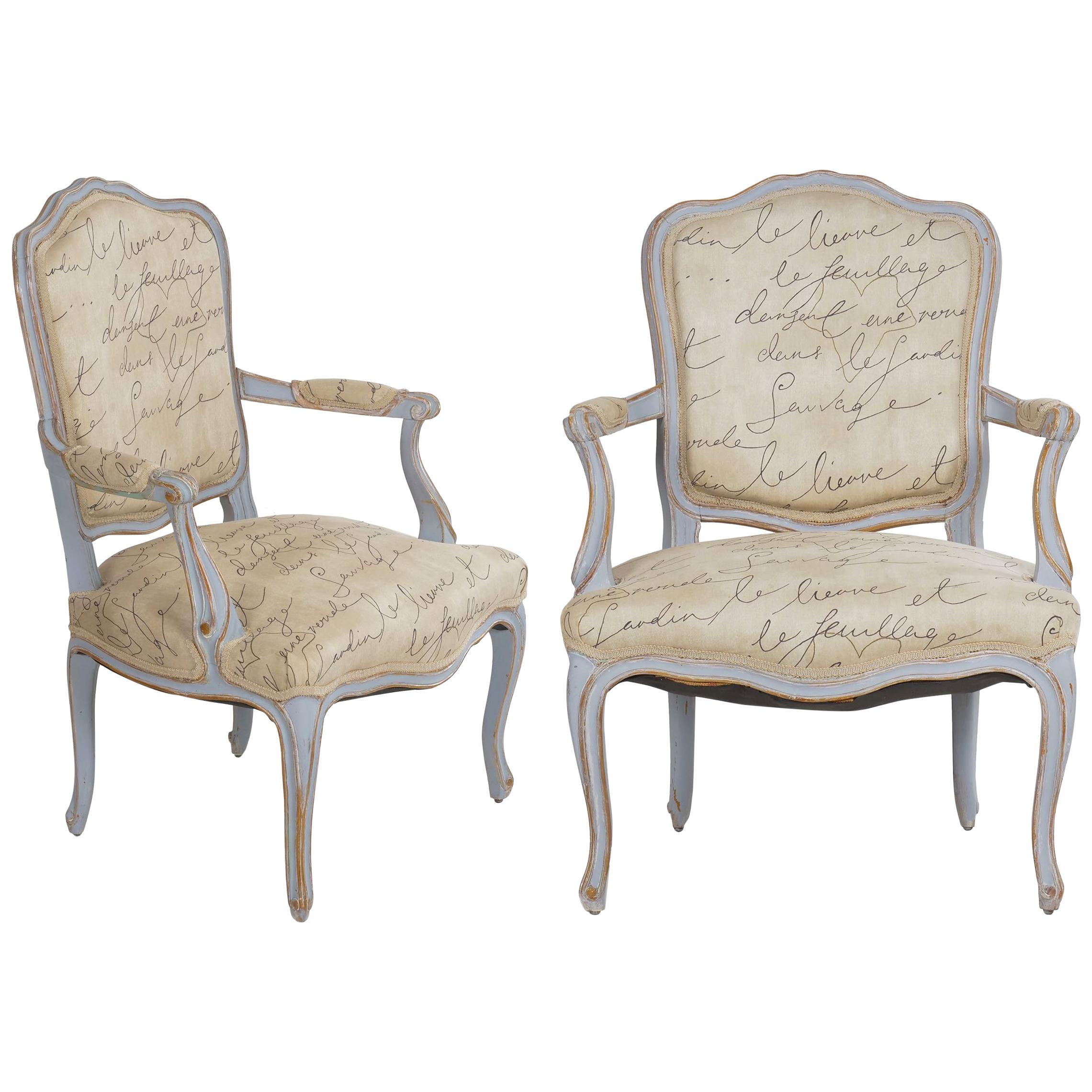 Pair of Vintage French Louis XV Style Armchairs in Blue Paint