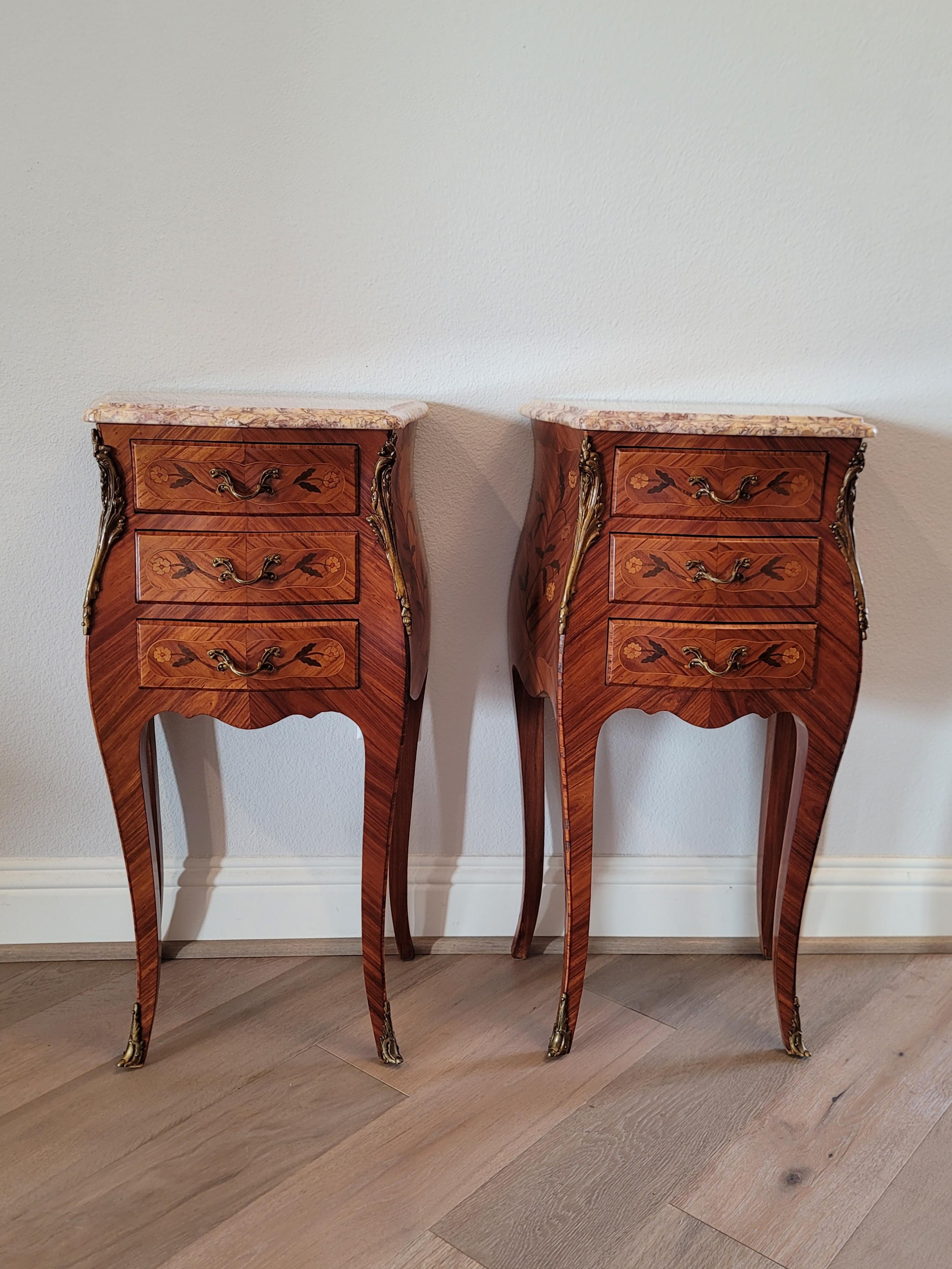 Pair of Vintage French Louis XV Style Bombe Nightstands For Sale 8