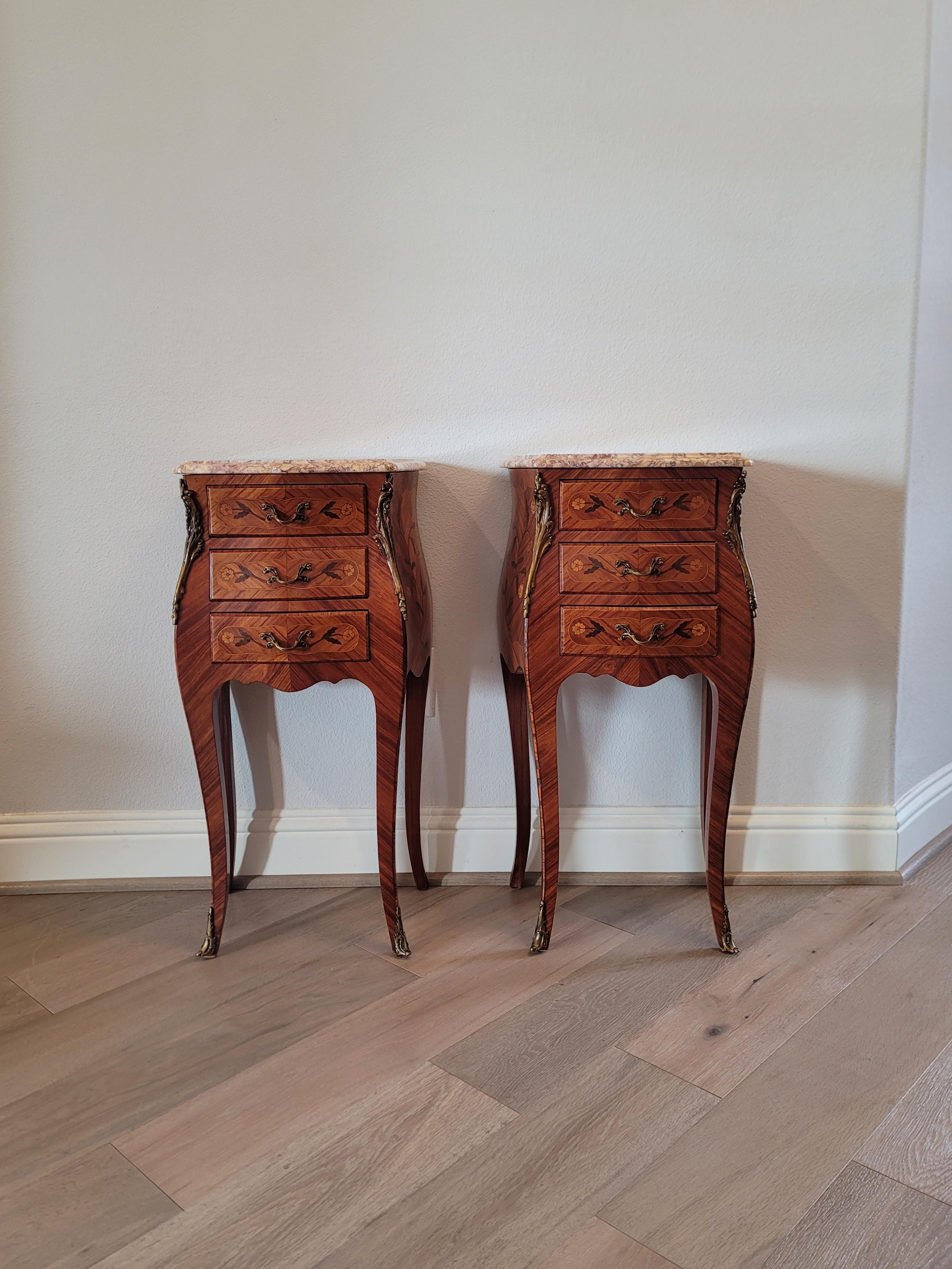 Pair of Vintage French Louis XV Style Bombe Nightstands For Sale 11