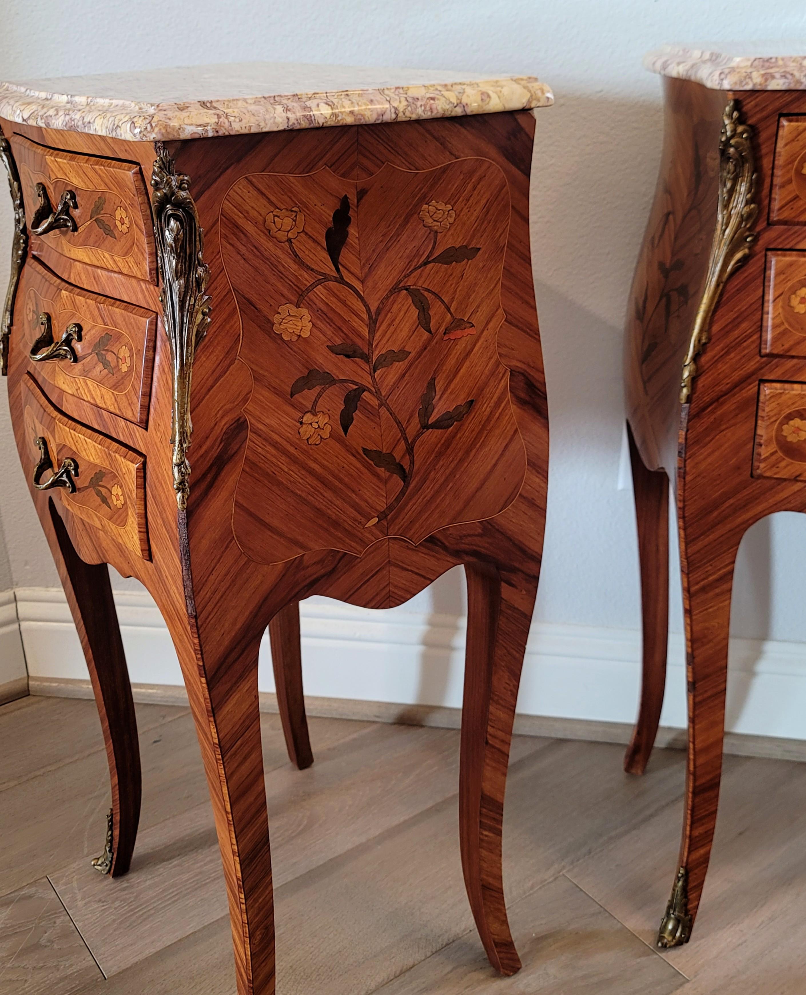 Pair of Vintage French Louis XV Style Bombe Nightstands For Sale 2