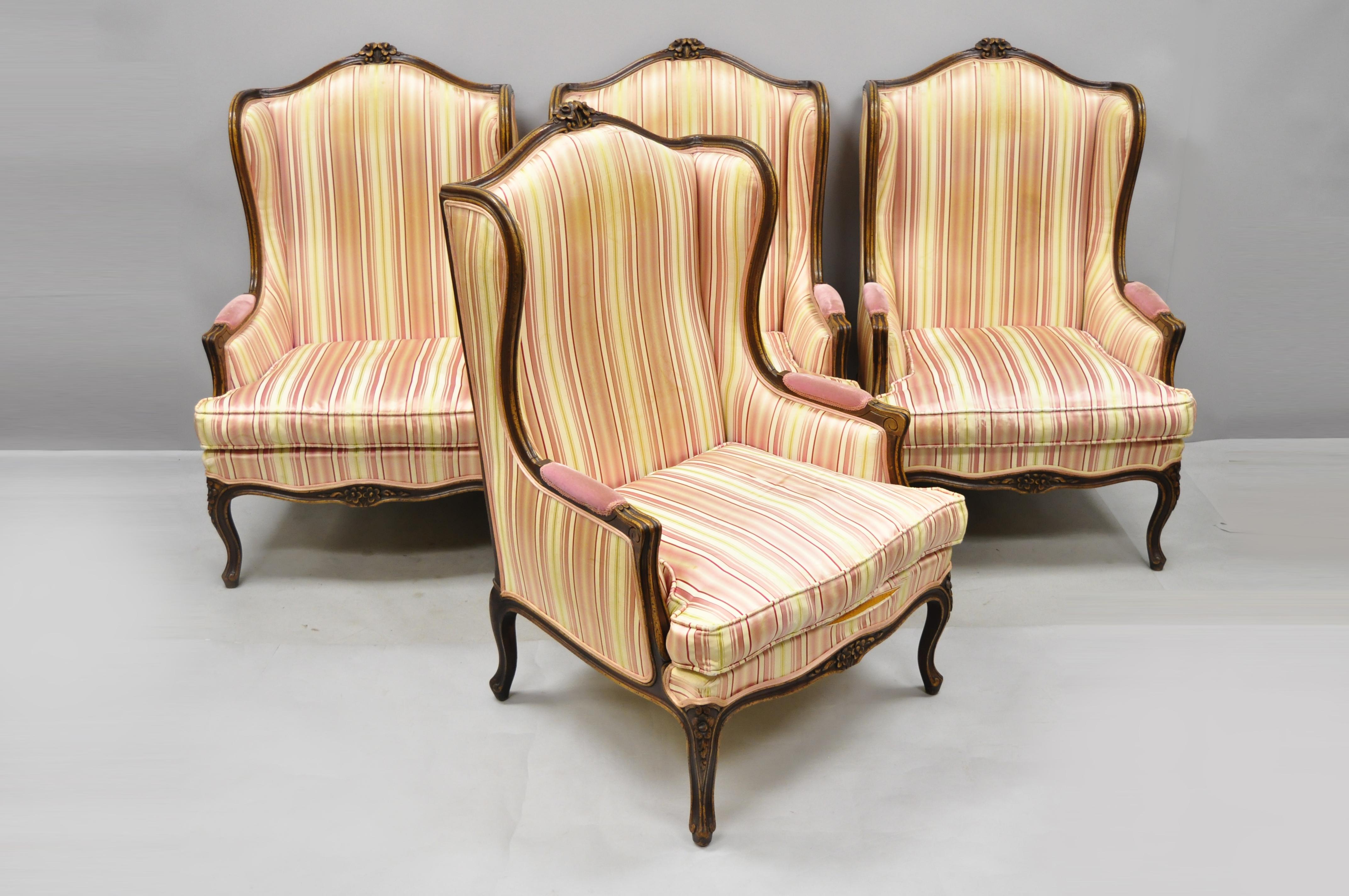 Pair of Vintage French Louis XV Style Wingback Bergere Armchairs, W & J Sloane For Sale 5