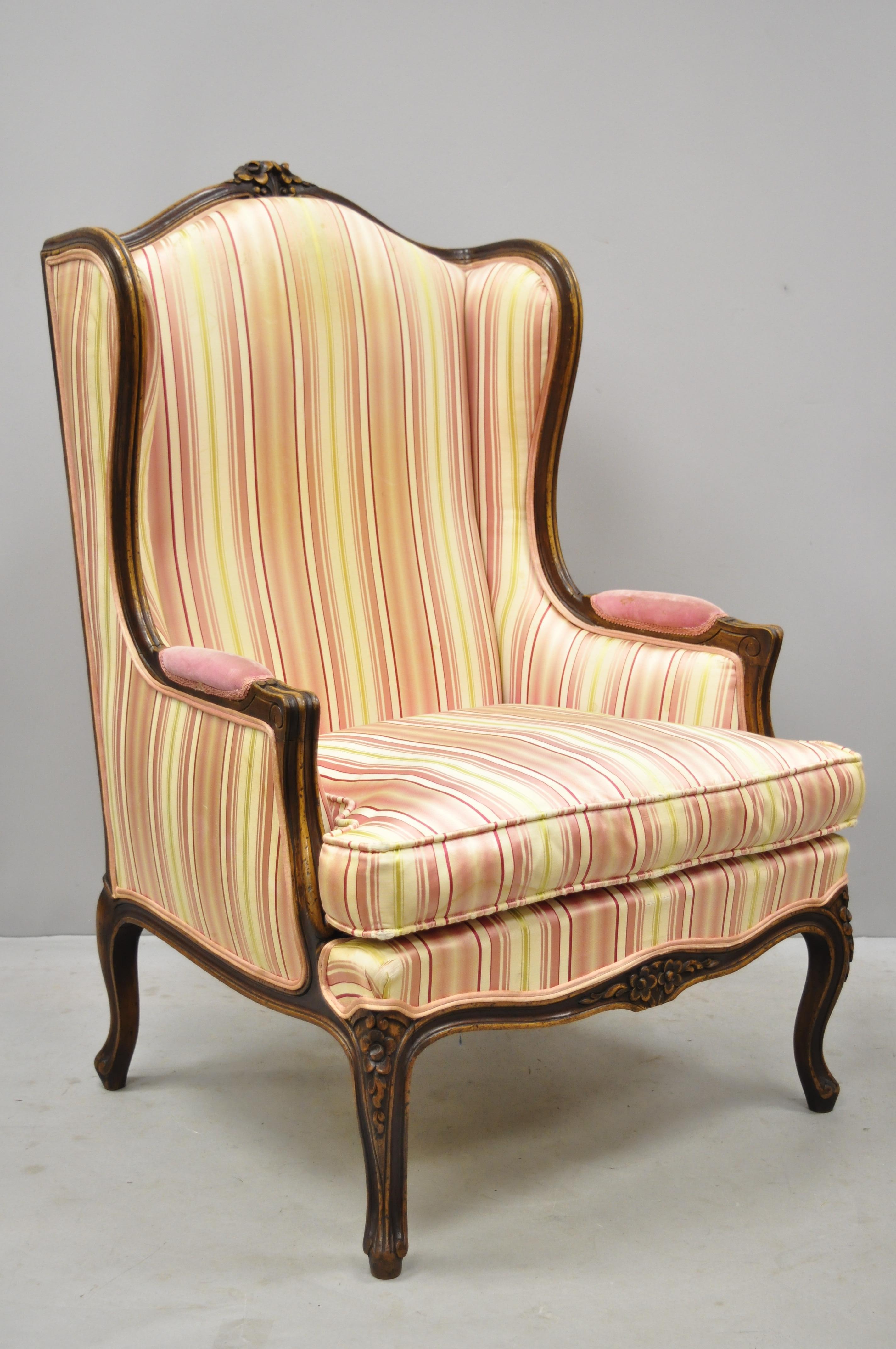 Italian Pair of Vintage French Louis XV Style Wingback Bergere Armchairs, W & J Sloane For Sale