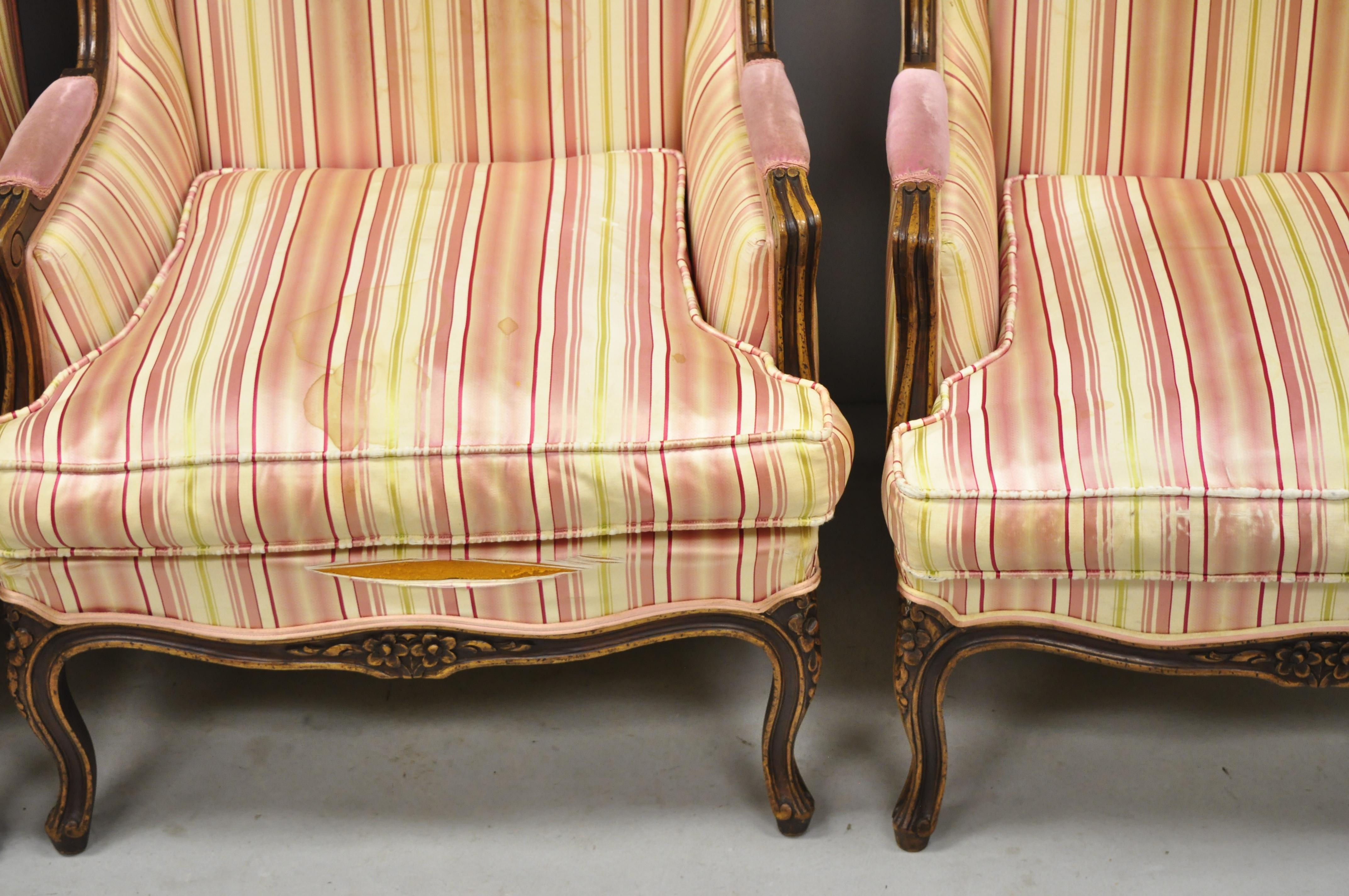 Pair of Vintage French Louis XV Style Wingback Bergere Armchairs, W & J Sloane For Sale 2