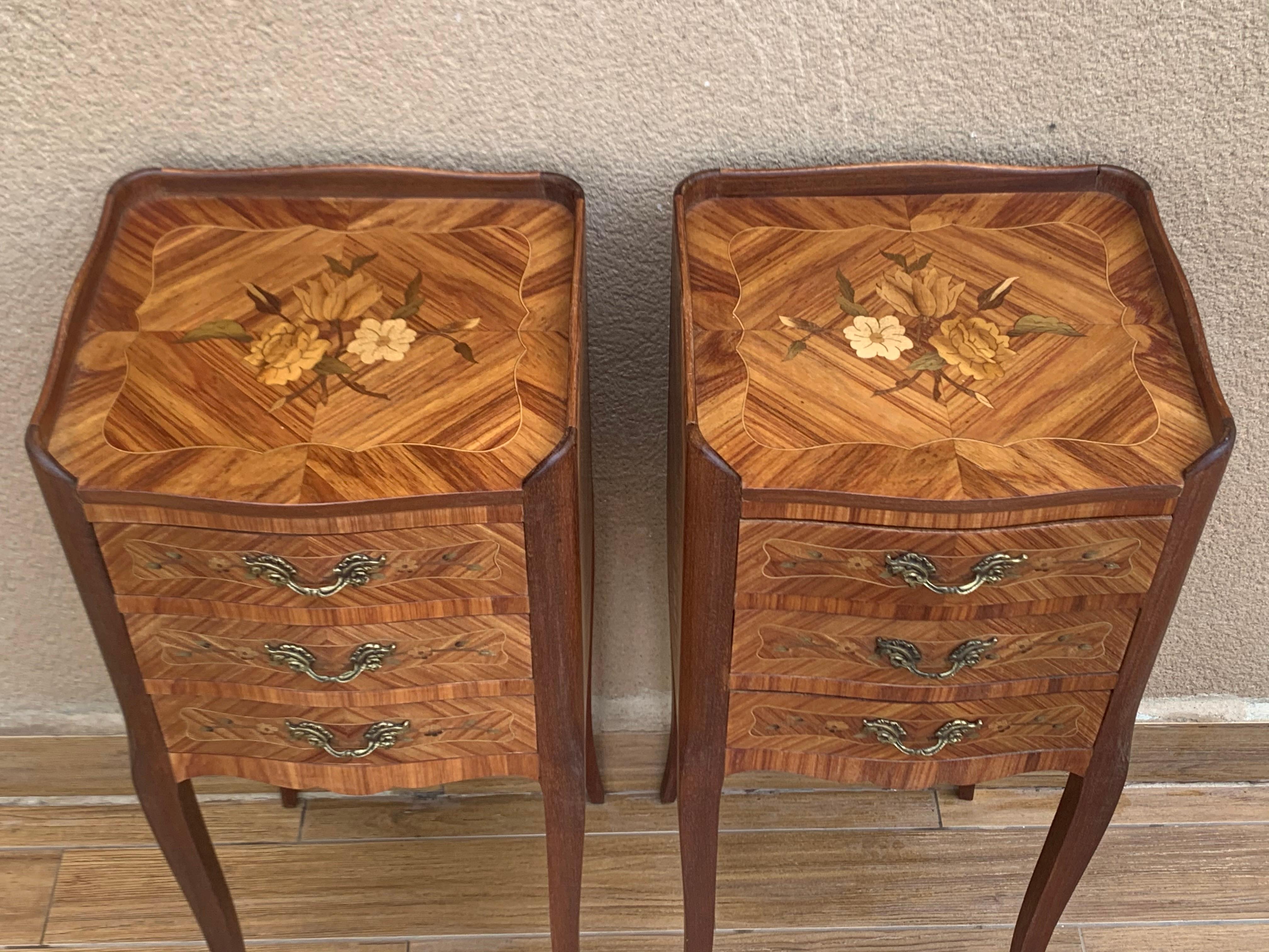 Walnut Pair of Vintage French Louis XV Style Wood Nightstands with Three Drawers