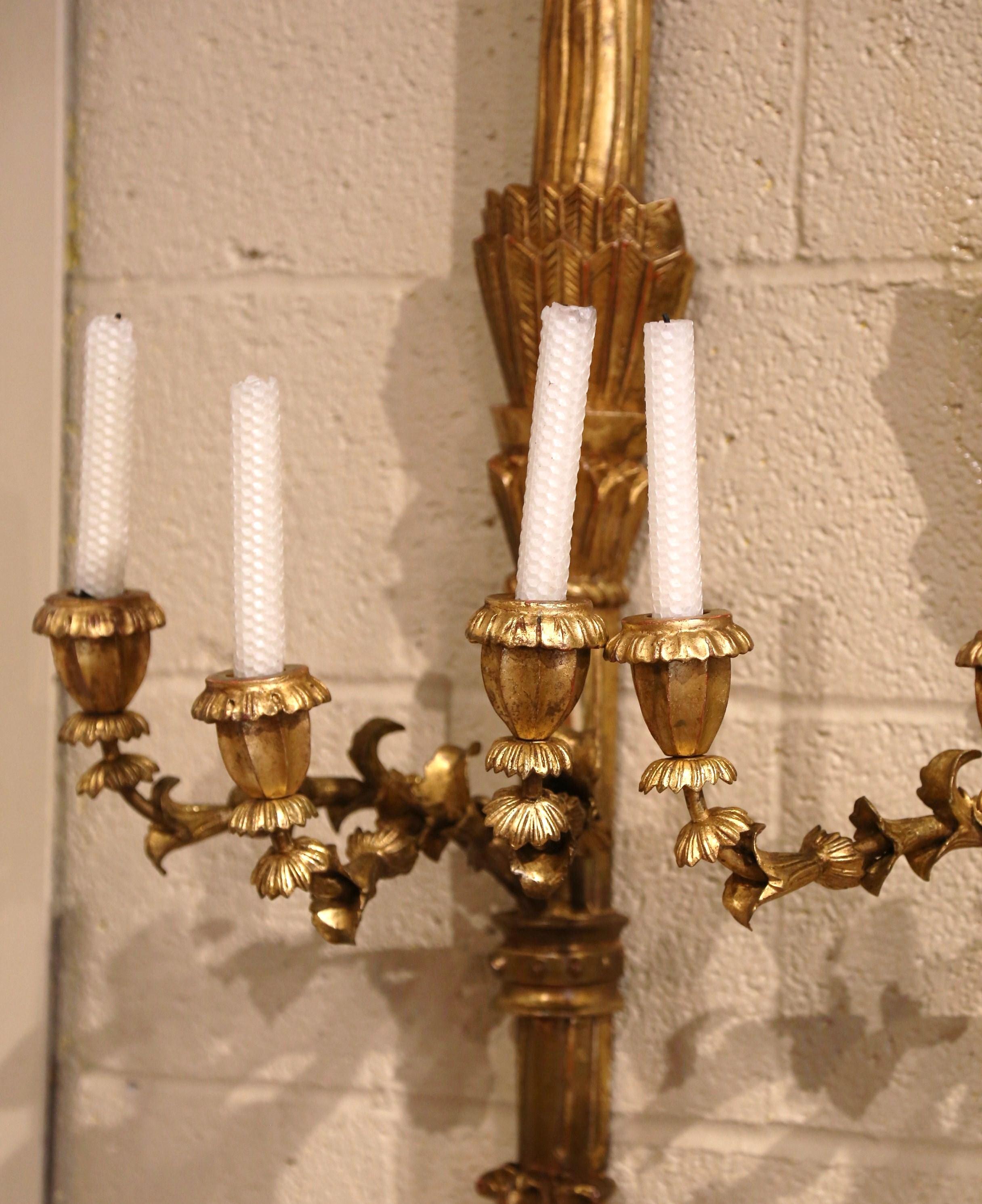 Paar französische Louis-XVI-Weinleseleuchten aus geschnitztem Giltholz mit drei Lichtern (Louis XVI.) im Angebot
