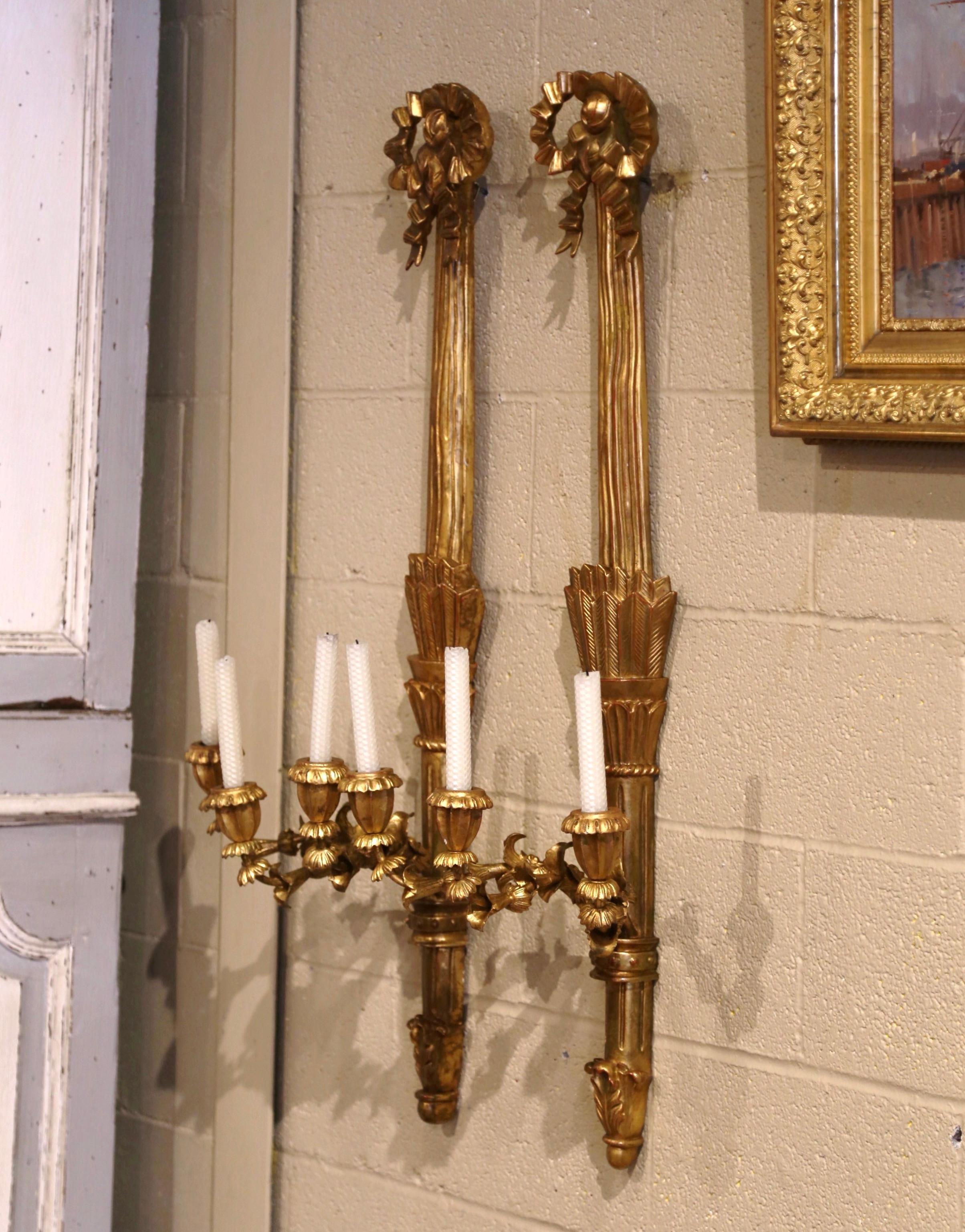 Pair of Vintage French Louis XVI Carved Giltwood Three-Light Sconces For Sale 3