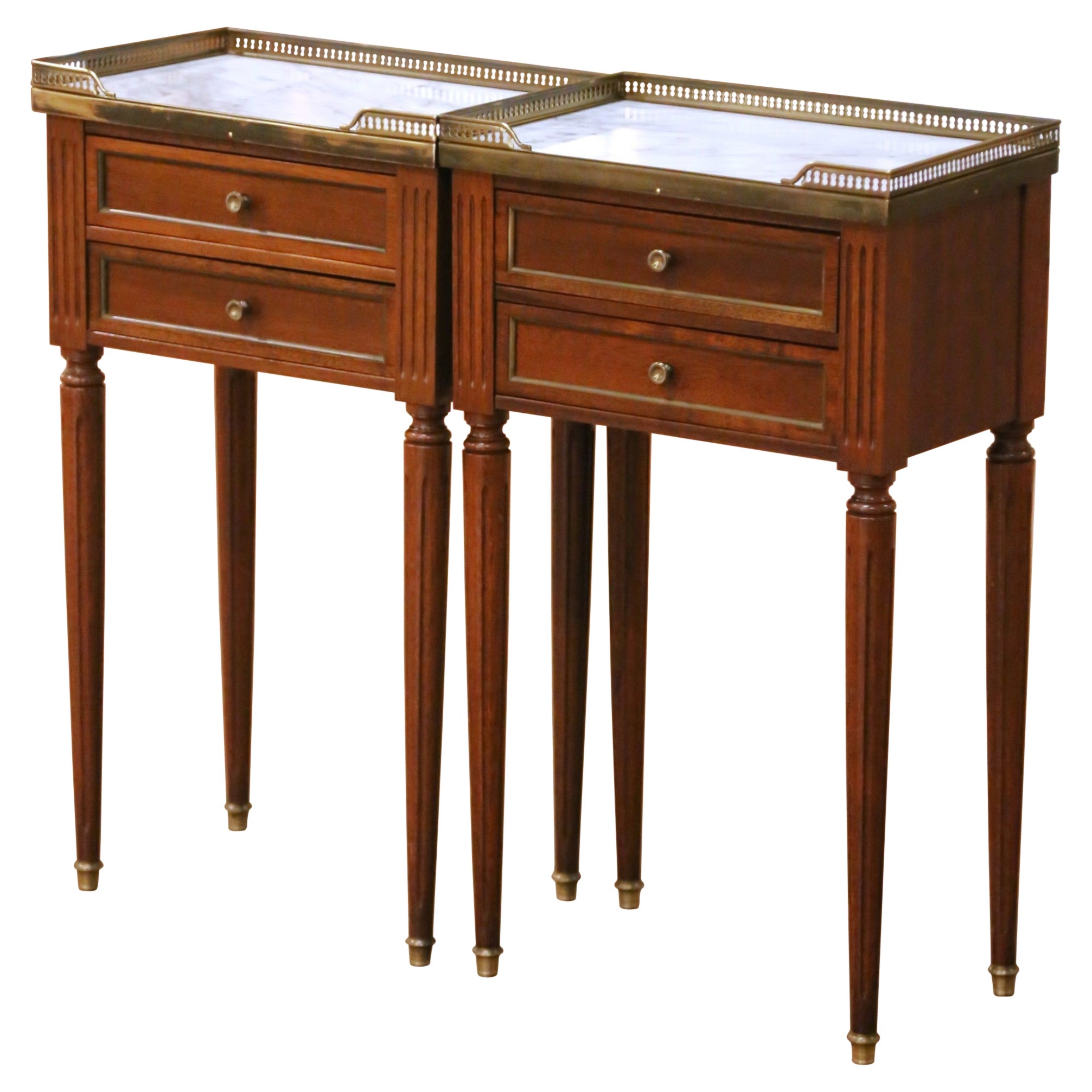 Pair of Vintage French Louis XVI Marble Top Mahogany Two-Drawer Nightstands