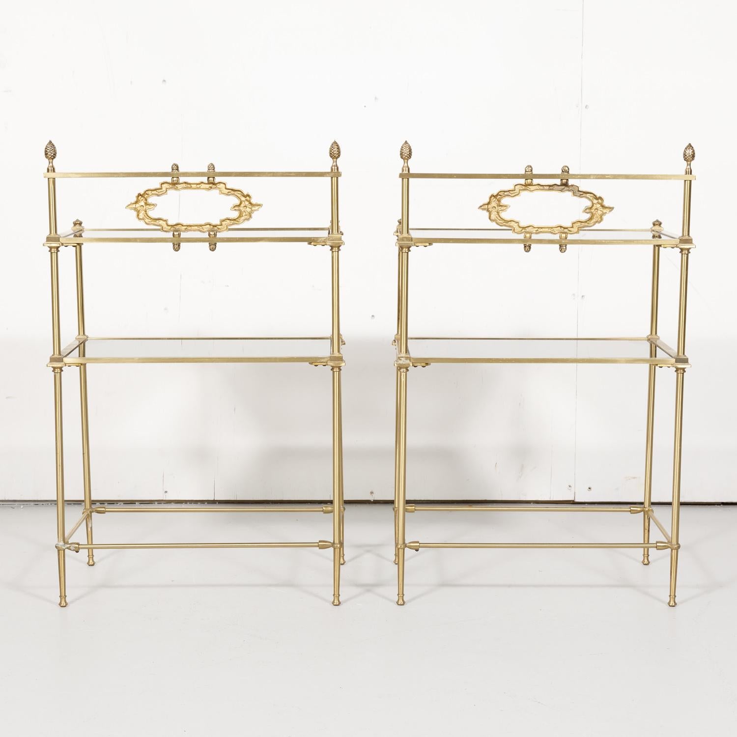 Pair of Vintage French Louis XVI Style Brass and Glass Shelves or Side Tables 8