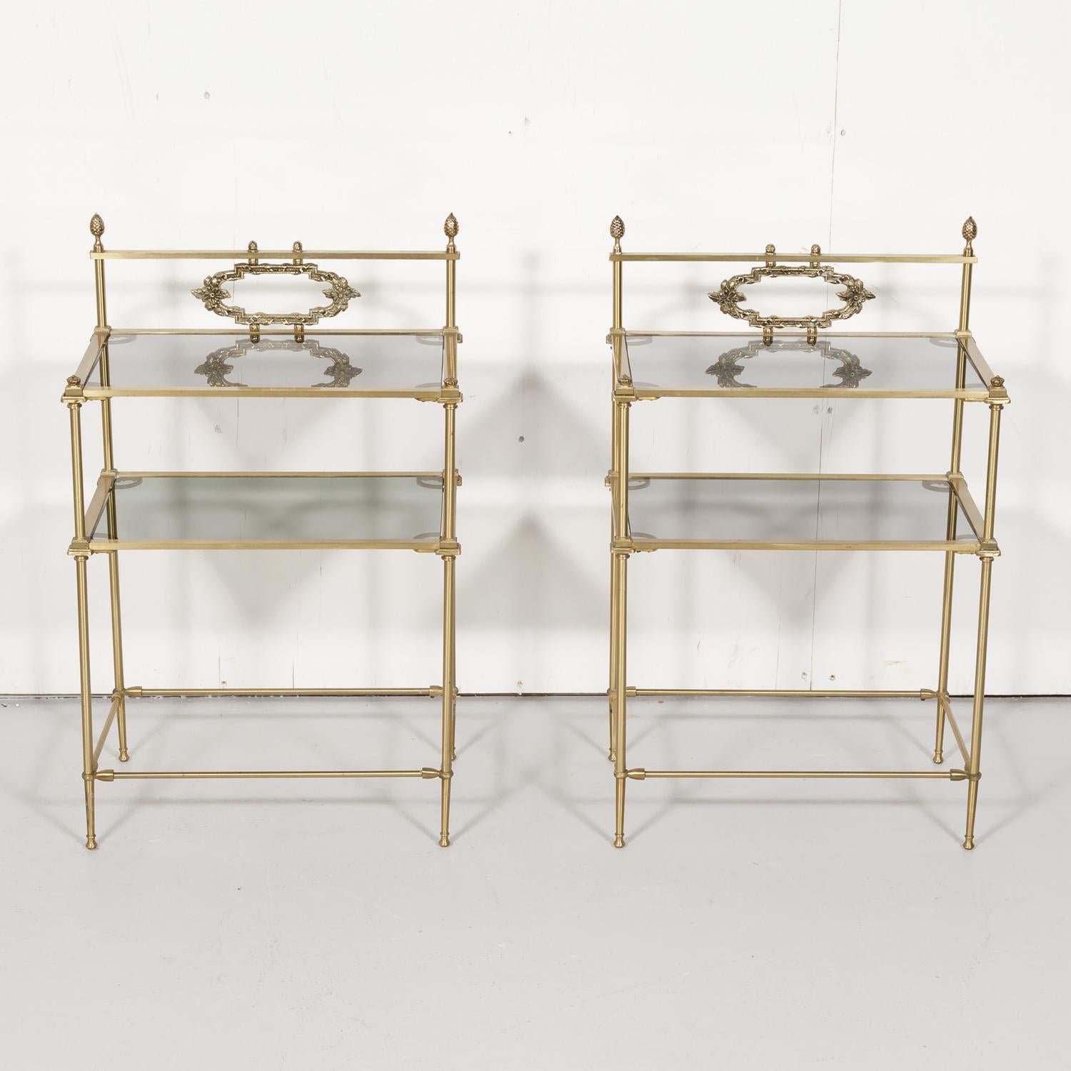 Pair of Vintage French Louis XVI Style Brass and Glass Shelves or Side Tables In Good Condition In Birmingham, AL