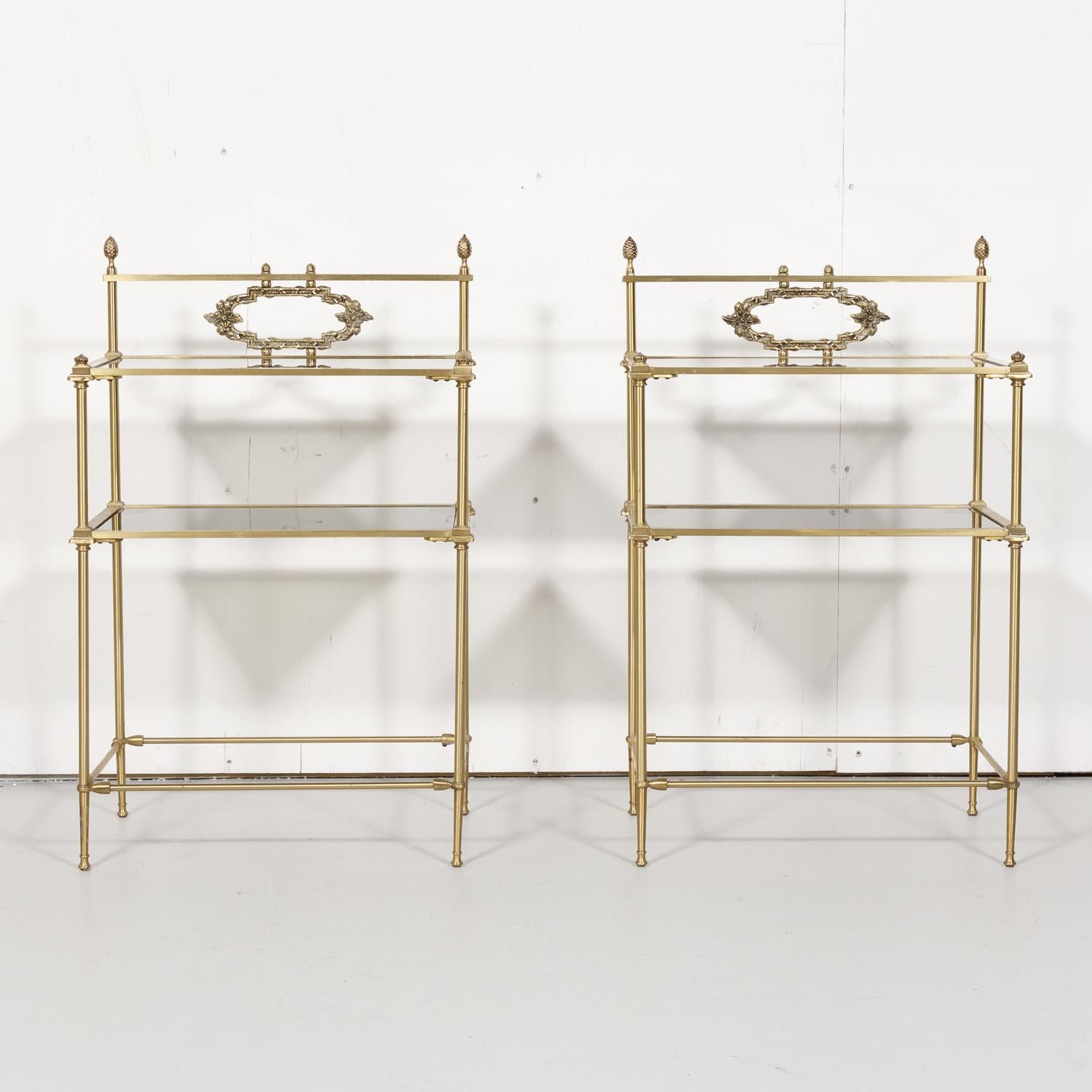 Mid-20th Century Pair of Vintage French Louis XVI Style Brass and Glass Shelves or Side Tables