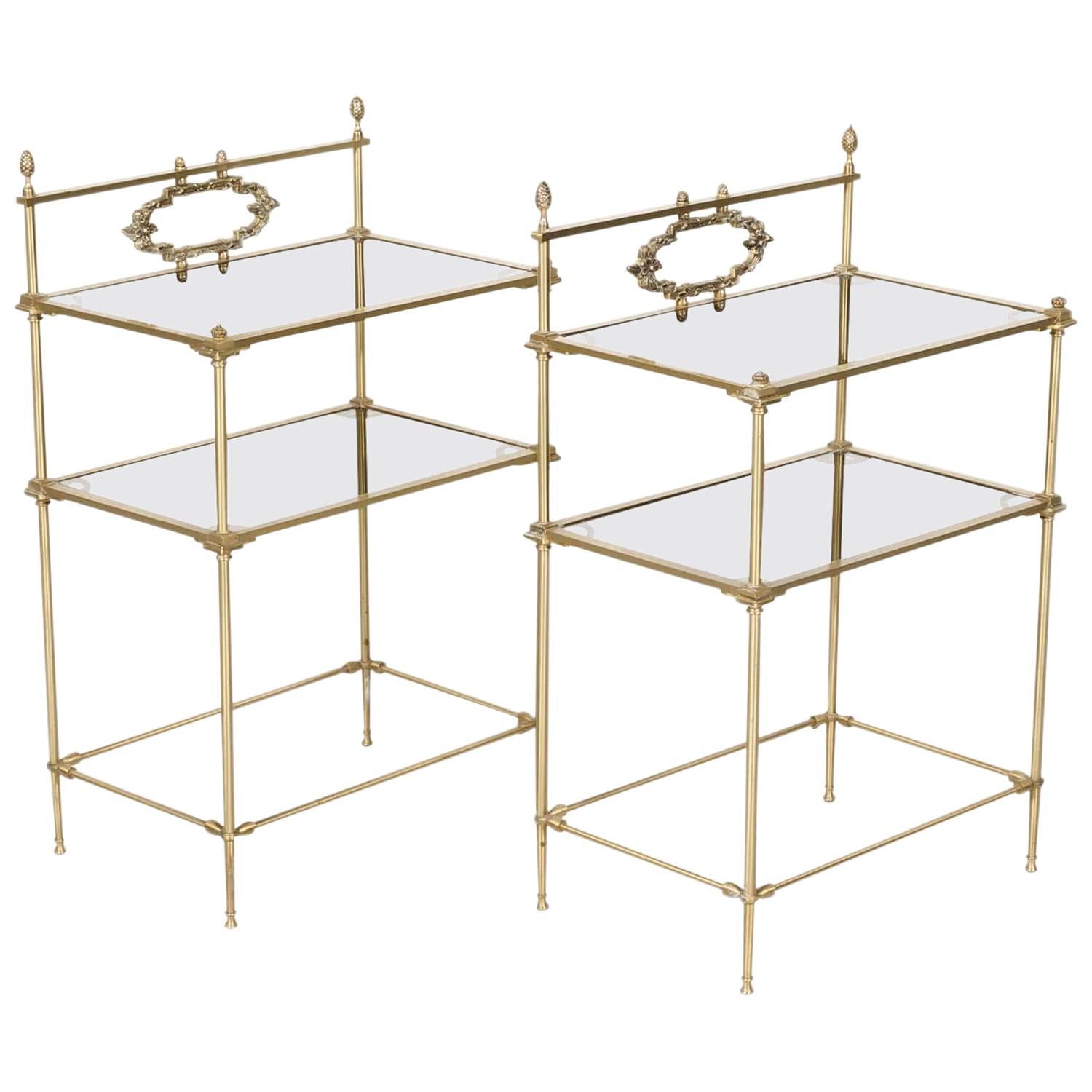 Pair of Vintage French Louis XVI Style Brass and Glass Shelves or Side Tables