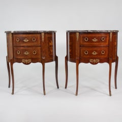 Pair of Vintage French Louis XVI Style Demilune Console Tables With Marble Tops