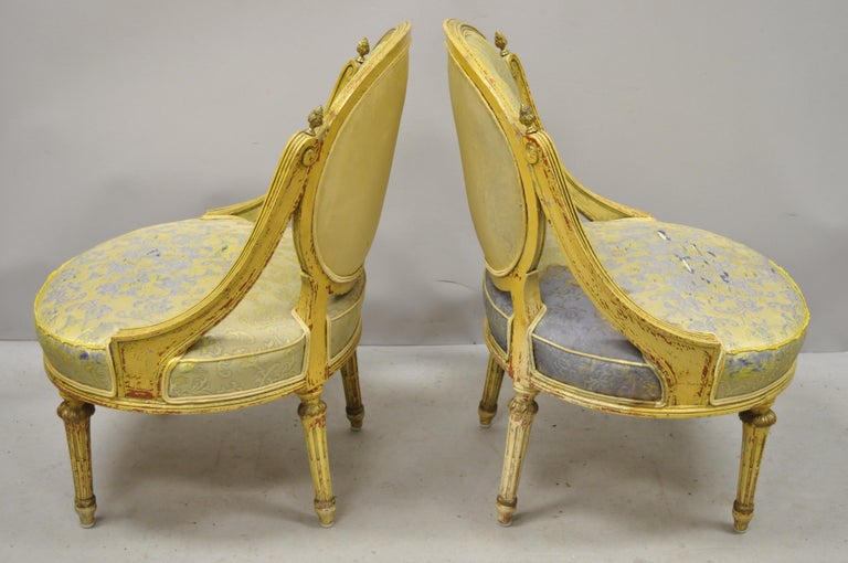Pair of Vintage French Louis XVI Style Low Petite Boudoir Small Hiprest Chairs For Sale 6