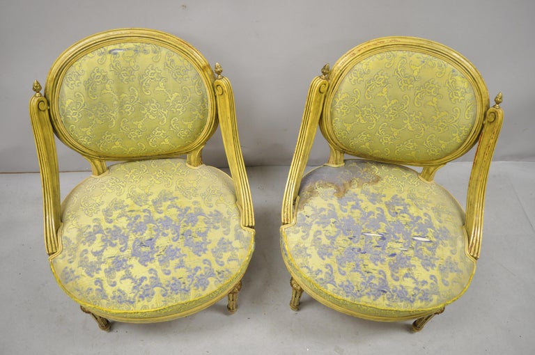 Brass Pair of Vintage French Louis XVI Style Low Petite Boudoir Small Hiprest Chairs For Sale