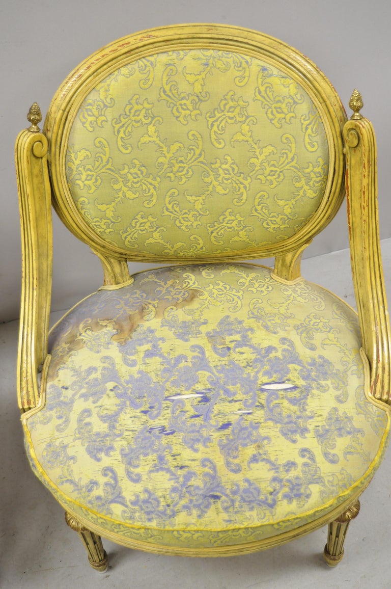 Pair of Vintage French Louis XVI Style Low Petite Boudoir Small Hiprest Chairs For Sale 2