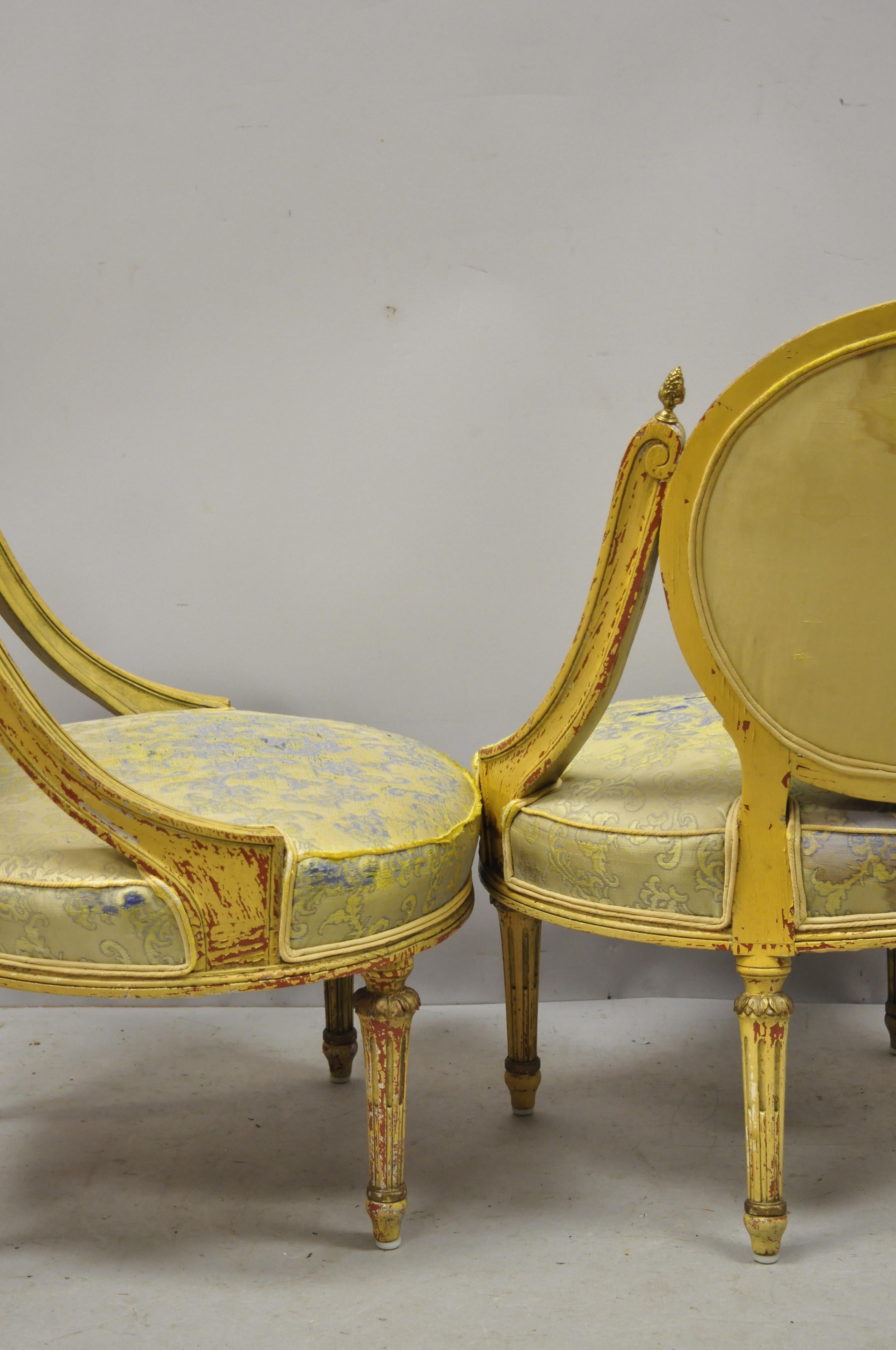 Brass Pair of Vintage French Louis XVI Style Low Petite Boudoir Small Hiprest Chairs