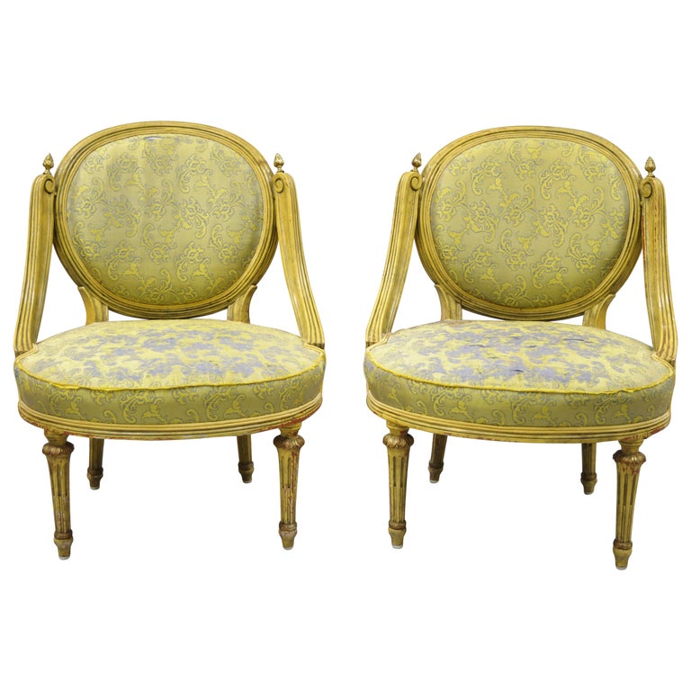 Pair of Vintage French Louis XVI Style Low Petite Boudoir Small Hiprest Chairs For Sale