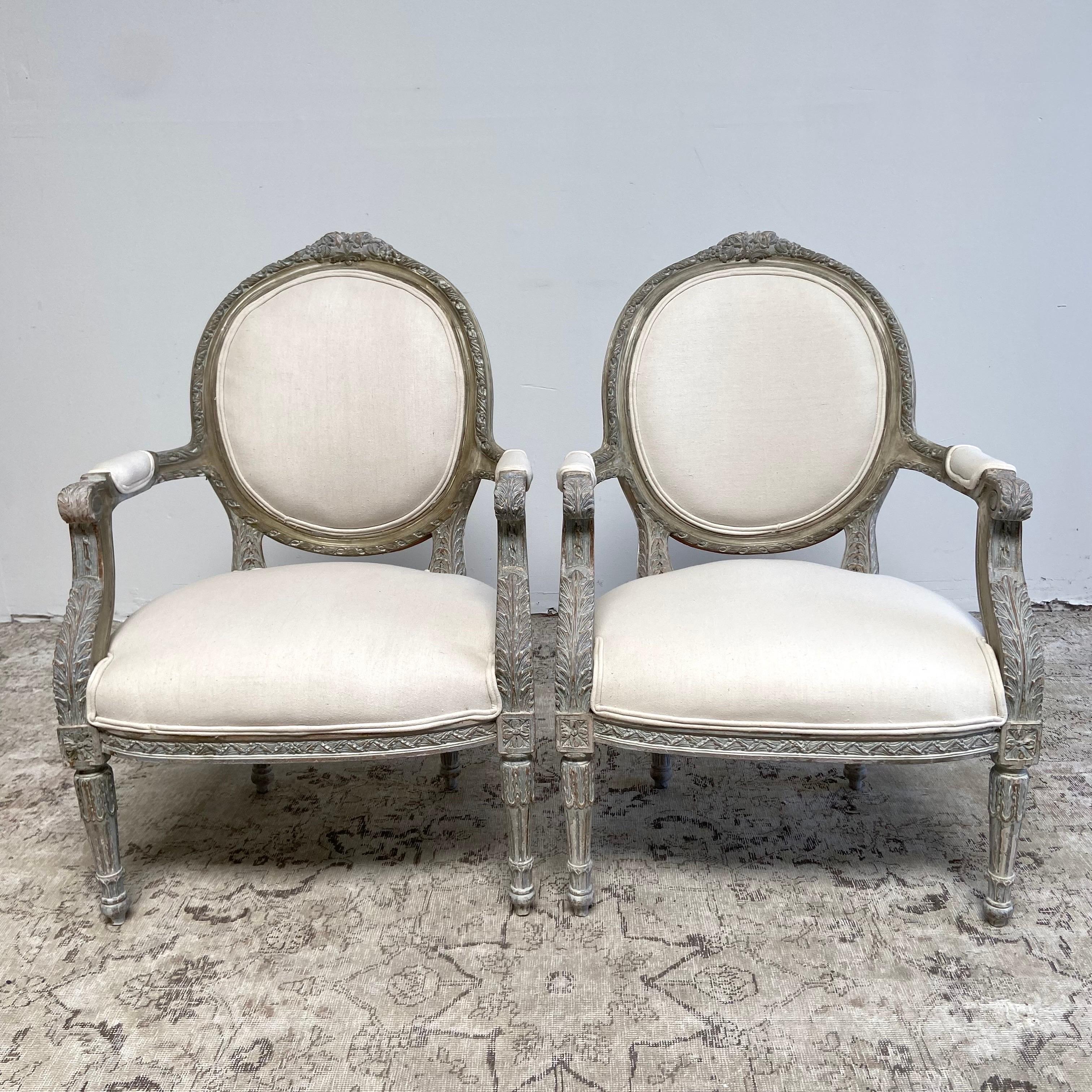 Pair of Vintage French Louis XVI Style Open Arm Chairs For Sale 6