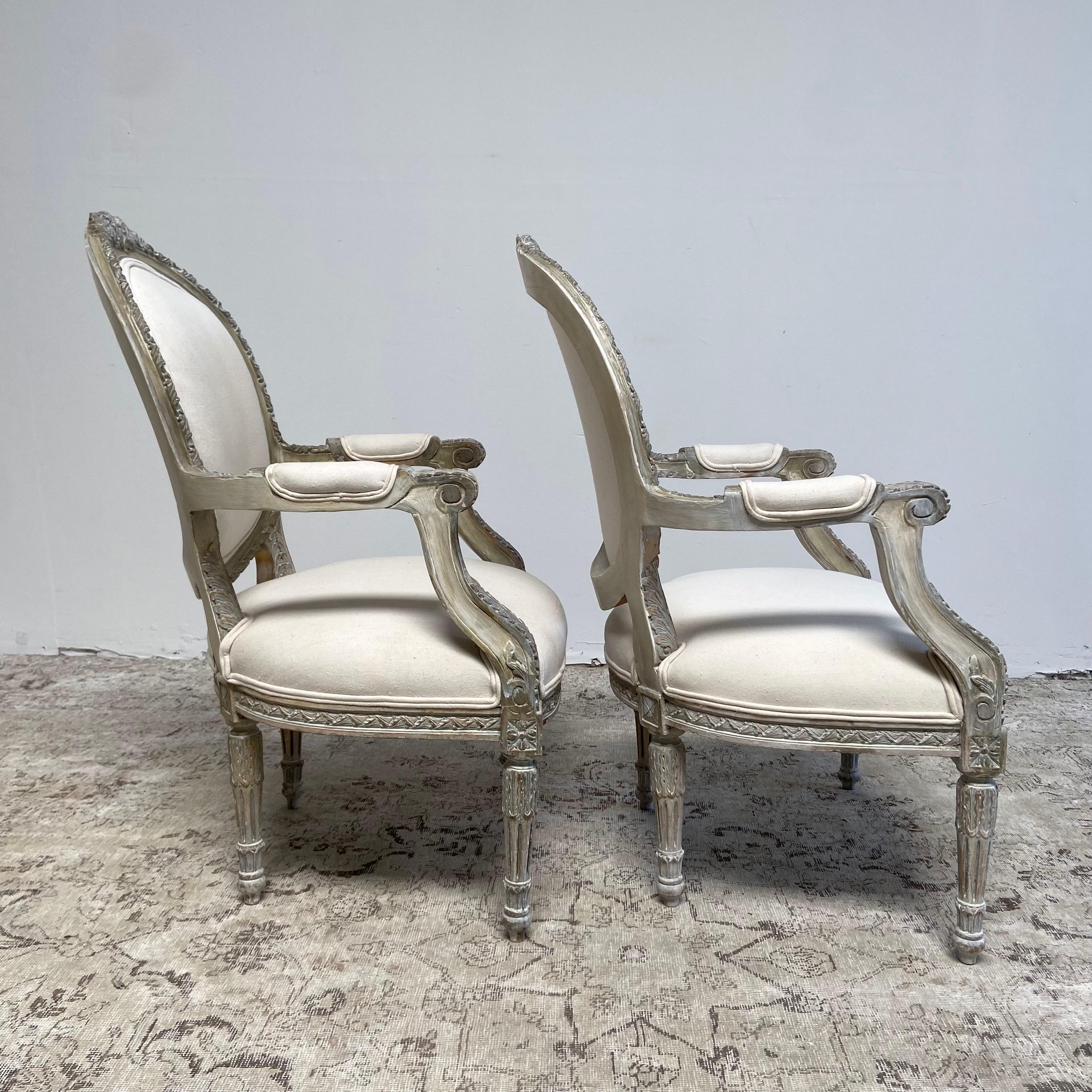 Pair of Vintage French Louis XVI Style Open Arm Chairs In Good Condition For Sale In Brea, CA