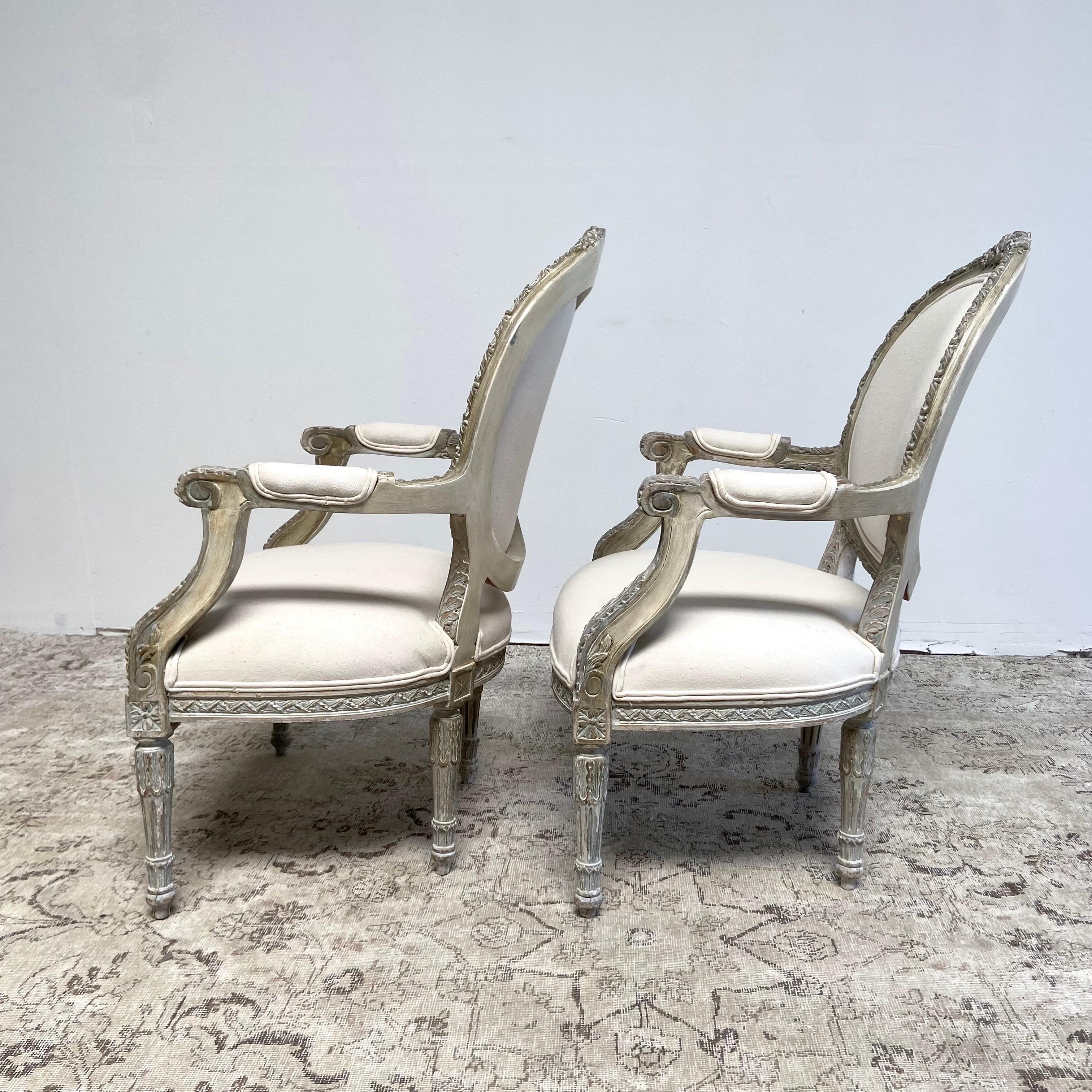 Cotton Pair of Vintage French Louis XVI Style Open Arm Chairs For Sale