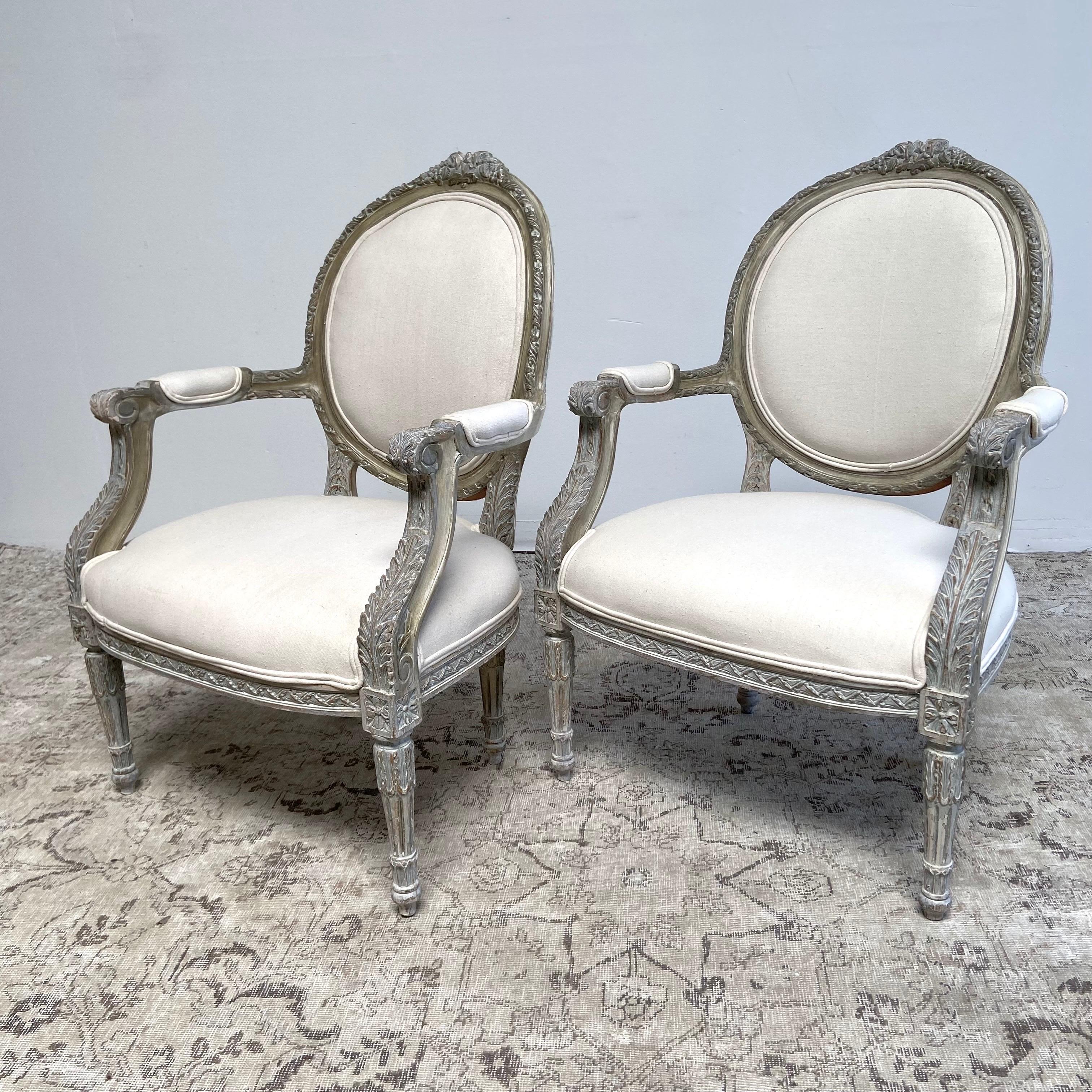 Pair of Vintage French Louis XVI Style Open Arm Chairs For Sale 1