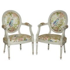 PAiR OF VINTAGE FRENCH LOUIS XVIII STYLE FAUTEUILS ARMCHAIRS PARROT UPHOLSTERY