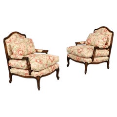Pair of Vintage French Louise XV Style Floral Upholstered Lounge Chairs