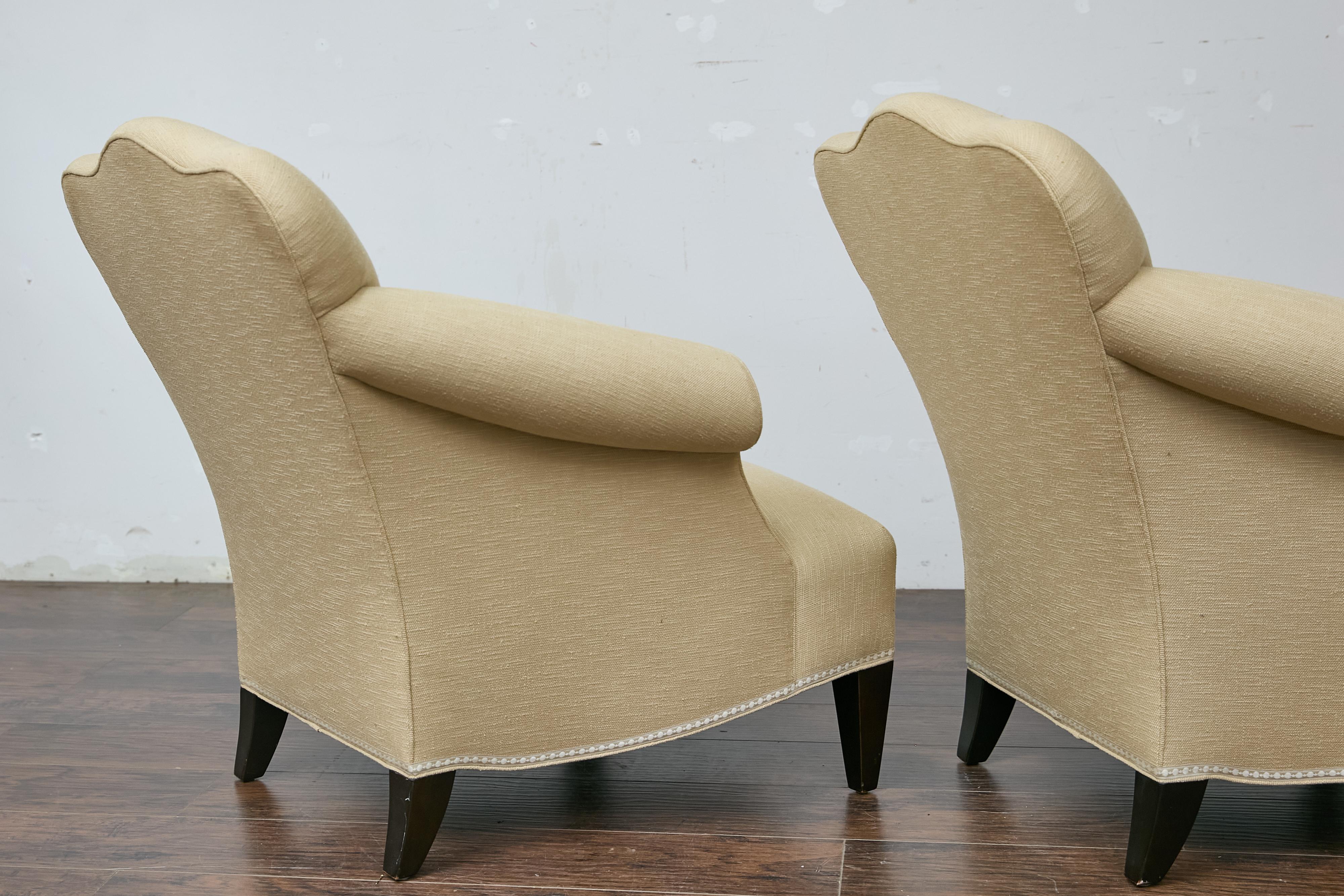 Pair of Vintage French Lounge Chairs with Camelbacks, Rolled Arms, Ebonized Legs For Sale 5