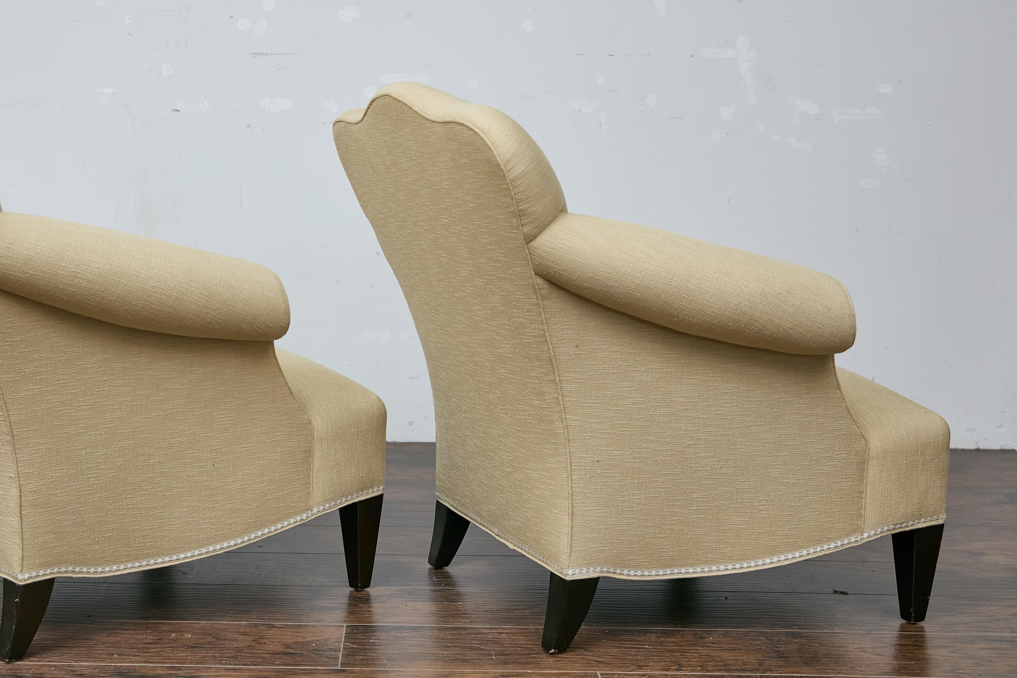 Pair of Vintage French Lounge Chairs with Camelbacks, Rolled Arms, Ebonized Legs For Sale 6