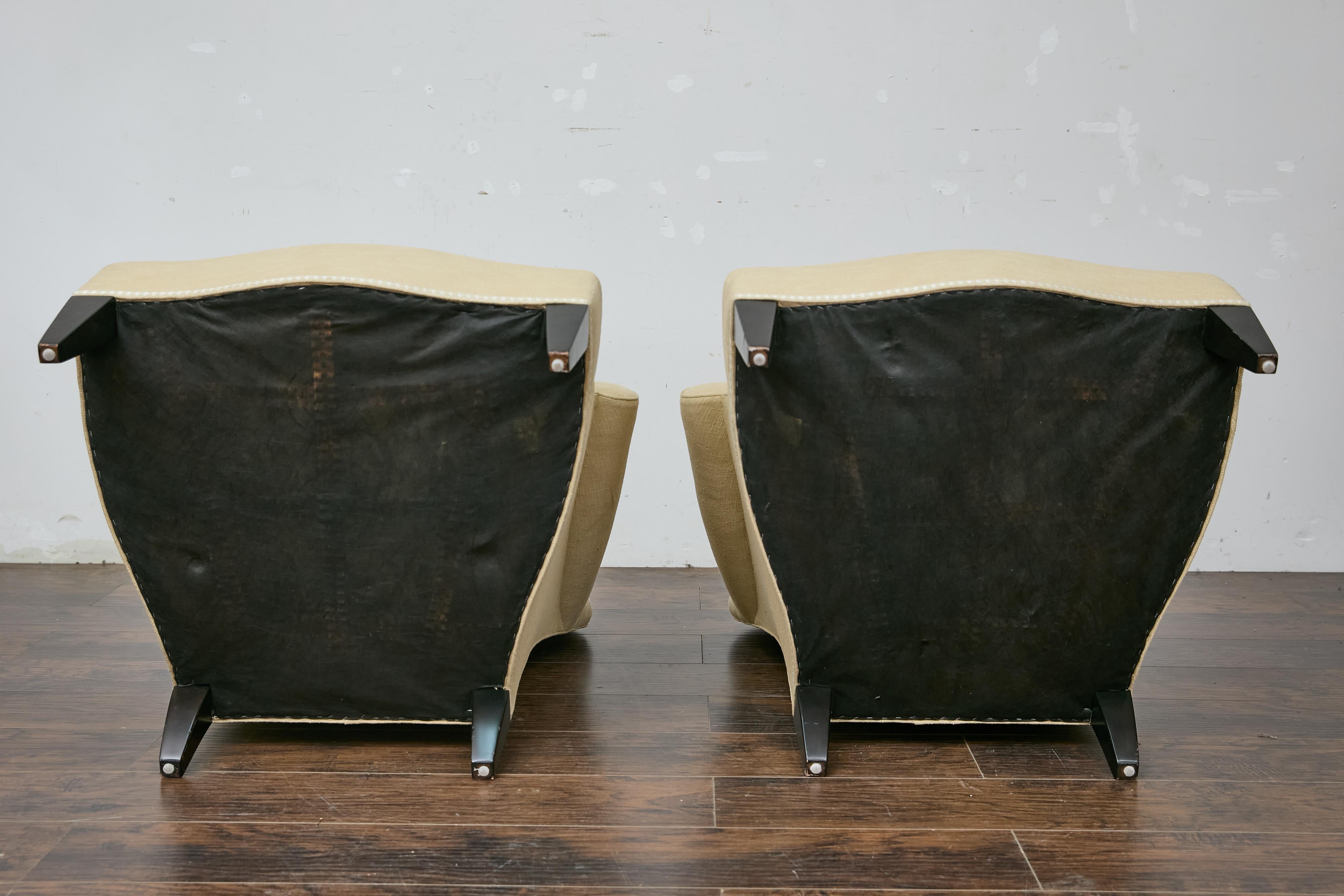 Pair of Vintage French Lounge Chairs with Camelbacks, Rolled Arms, Ebonized Legs For Sale 7