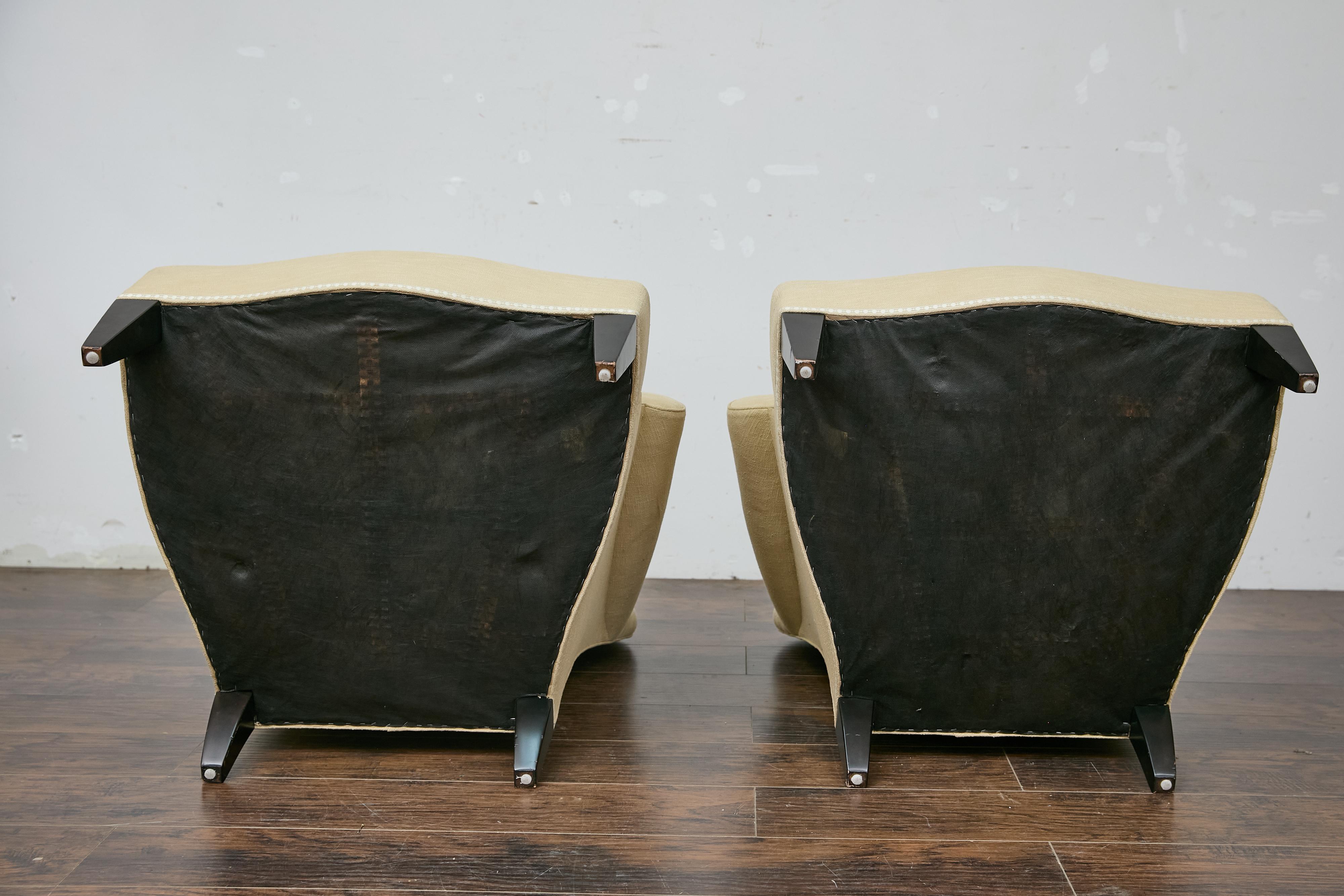 Pair of Vintage French Lounge Chairs with Camelbacks, Rolled Arms, Ebonized Legs For Sale 8